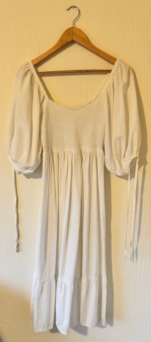 Accessorize London White 100% Cotton Boho Puff Sleeve Midi Maxi Shirred Bodice Square Neckline Ruffle Dress