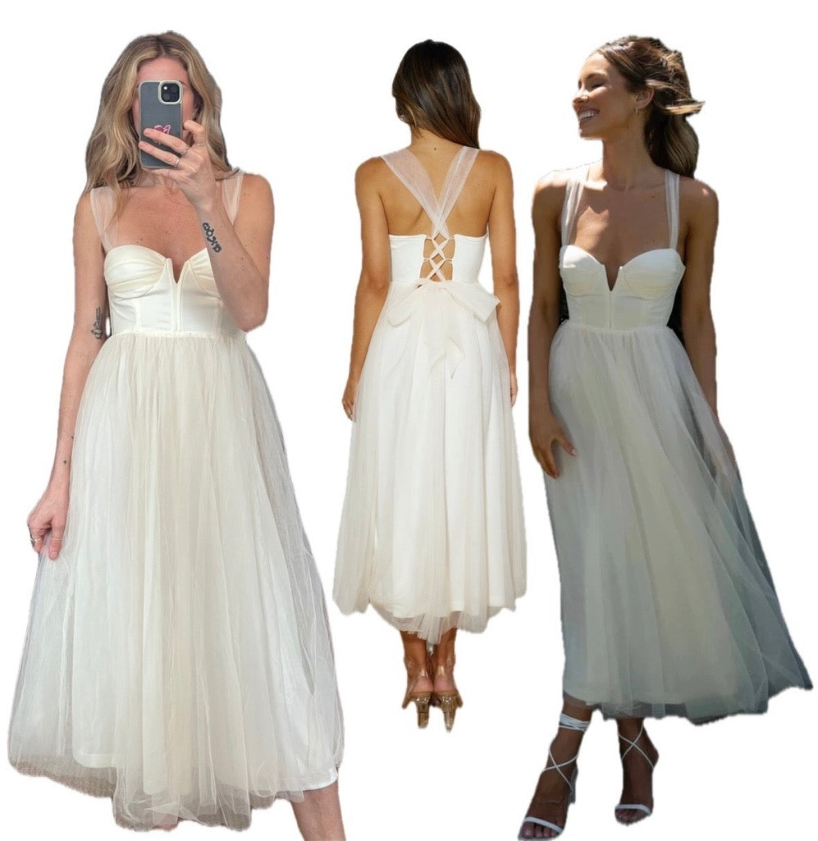 NWT Hello Molly Fairytale Tulle Skirt Cream Midi Corset Bodice Tie Back Bridal Midi Dress