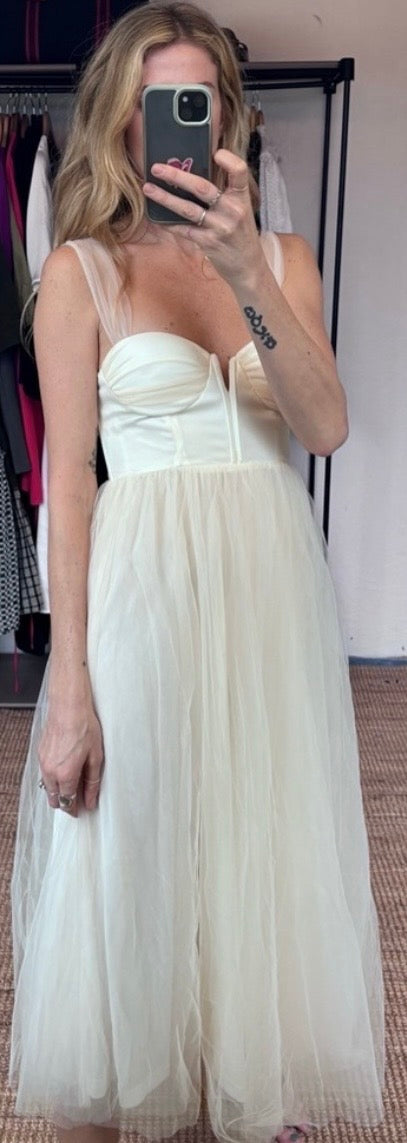 NWT Hello Molly Fairytale Tulle Skirt Cream Midi Corset Bodice Tie Back Bridal Midi Dress