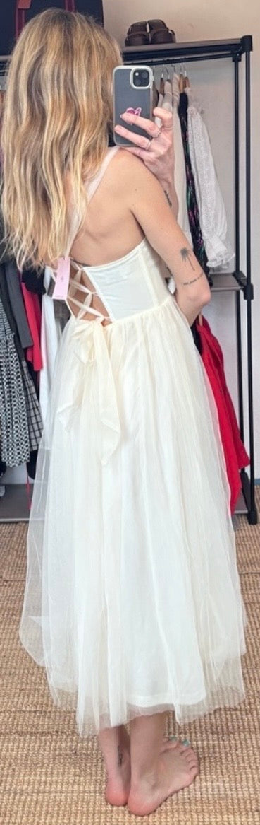 NWT Hello Molly Fairytale Tulle Skirt Cream Midi Corset Bodice Tie Back Bridal Midi Dress