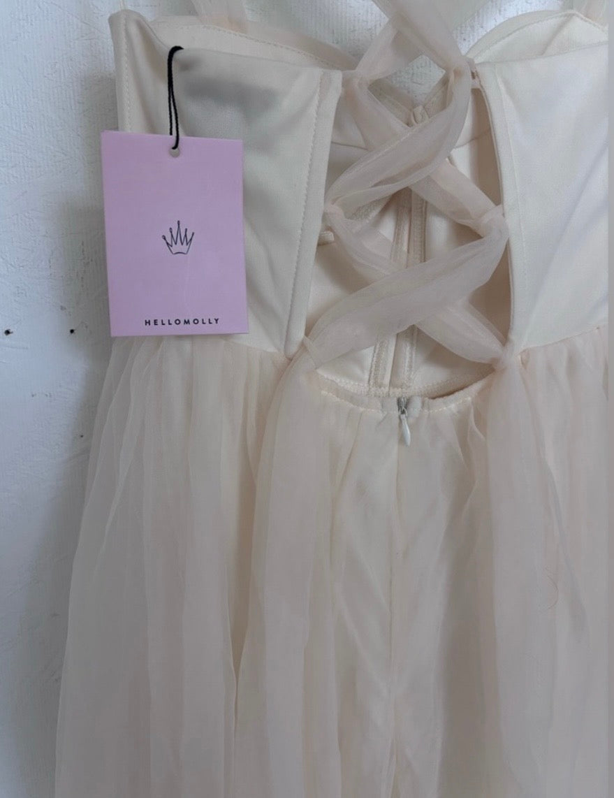 NWT Hello Molly Fairytale Tulle Skirt Cream Midi Corset Bodice Tie Back Bridal Midi Dress