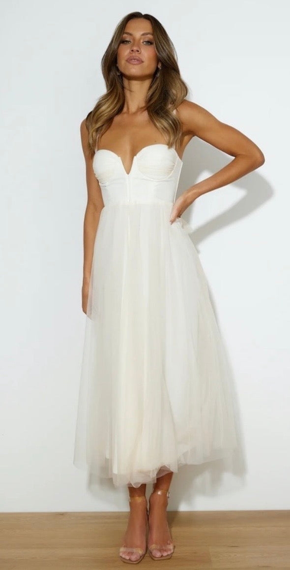 NWT Hello Molly Fairytale Tulle Skirt Cream Midi Corset Bodice Tie Back Bridal Midi Dress