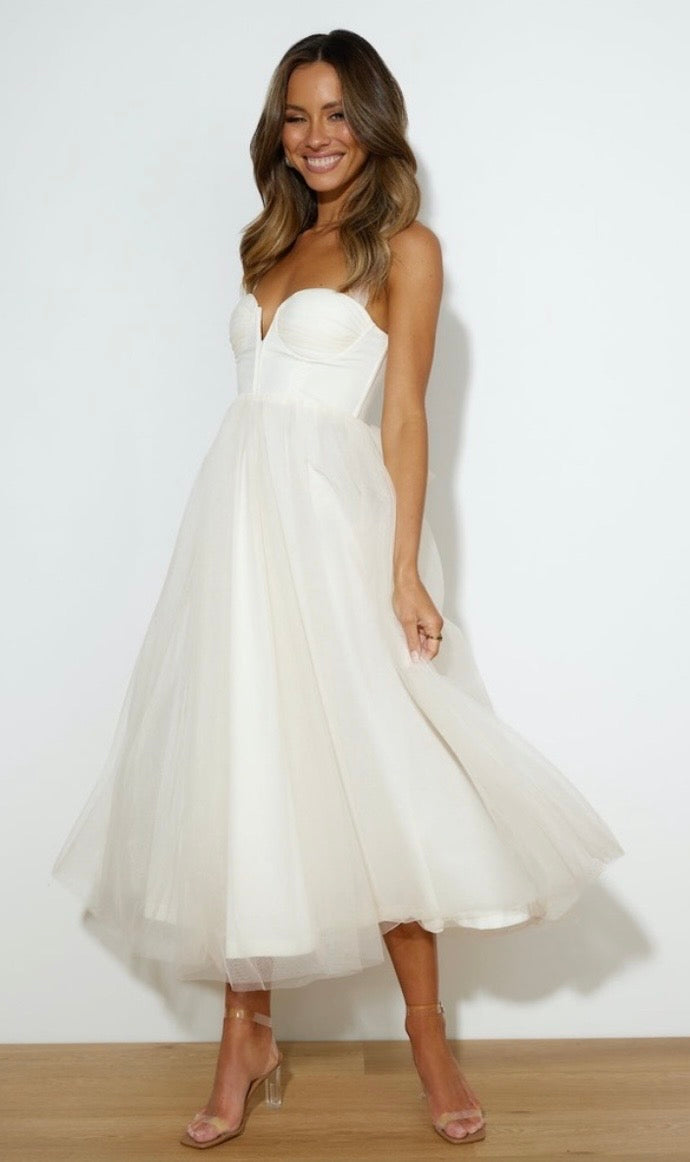 NWT Hello Molly Fairytale Tulle Skirt Cream Midi Corset Bodice Tie Back Bridal Midi Dress
