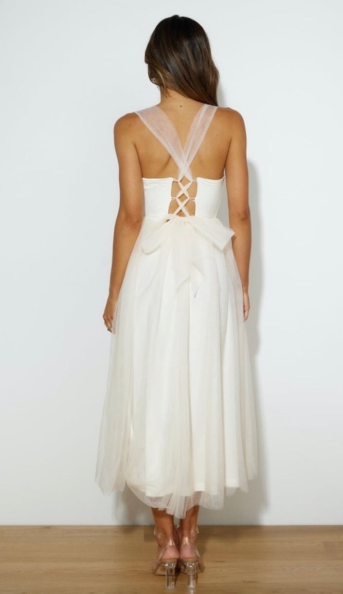 NWT Hello Molly Fairytale Tulle Skirt Cream Midi Corset Bodice Tie Back Bridal Midi Dress