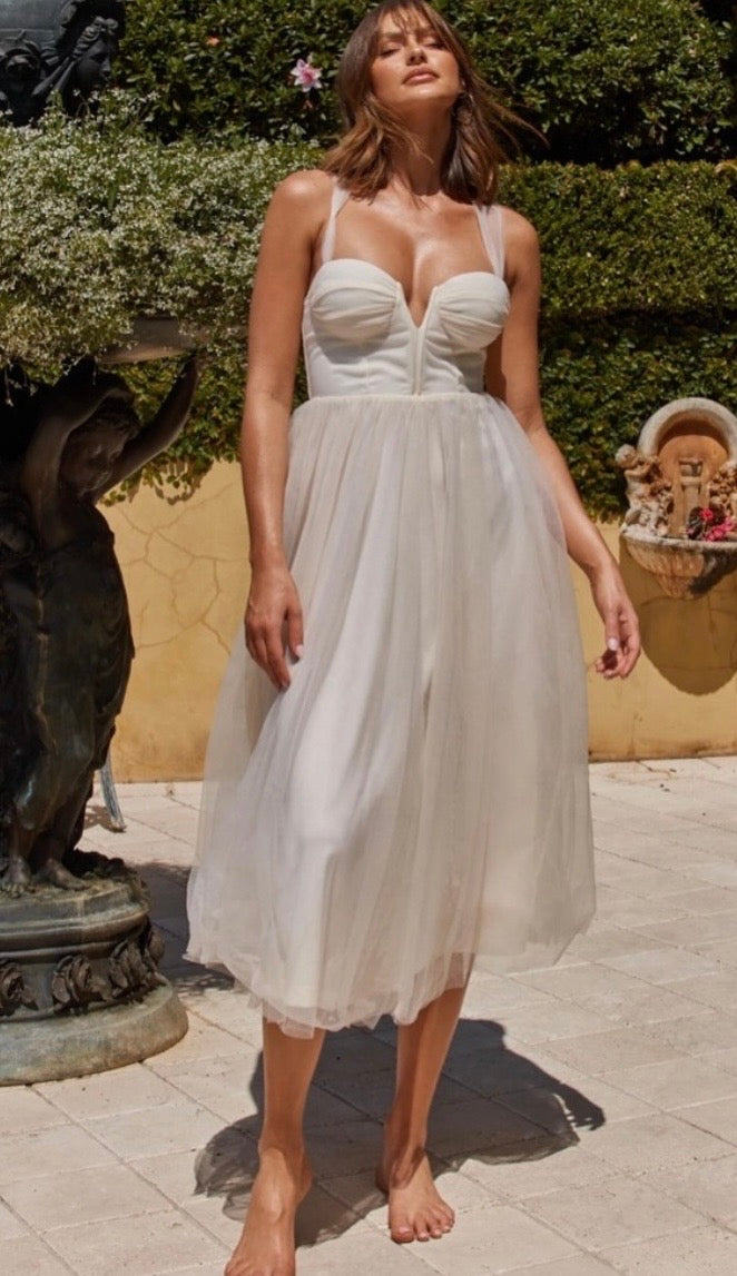 NWT Hello Molly Fairytale Tulle Skirt Cream Midi Corset Bodice Tie Back Bridal Midi Dress