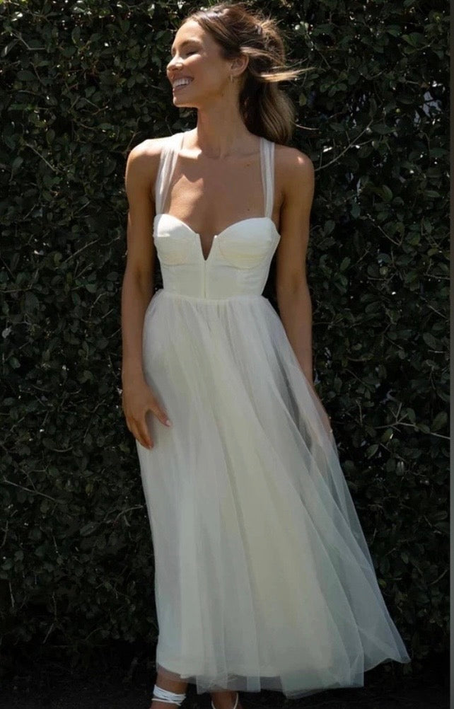 NWT Hello Molly Fairytale Tulle Skirt Cream Midi Corset Bodice Tie Back Bridal Midi Dress