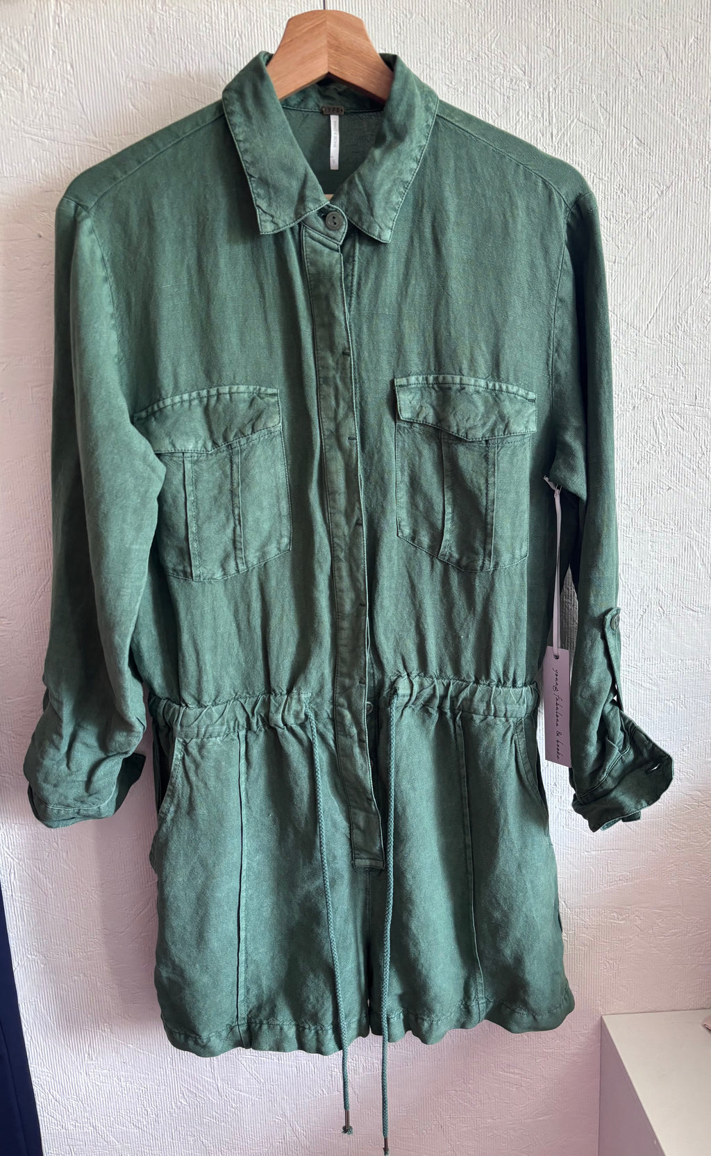 NWT YFB Young Fabulous and Broke Green Linen Blend Button Down Utility Lakeside Romper