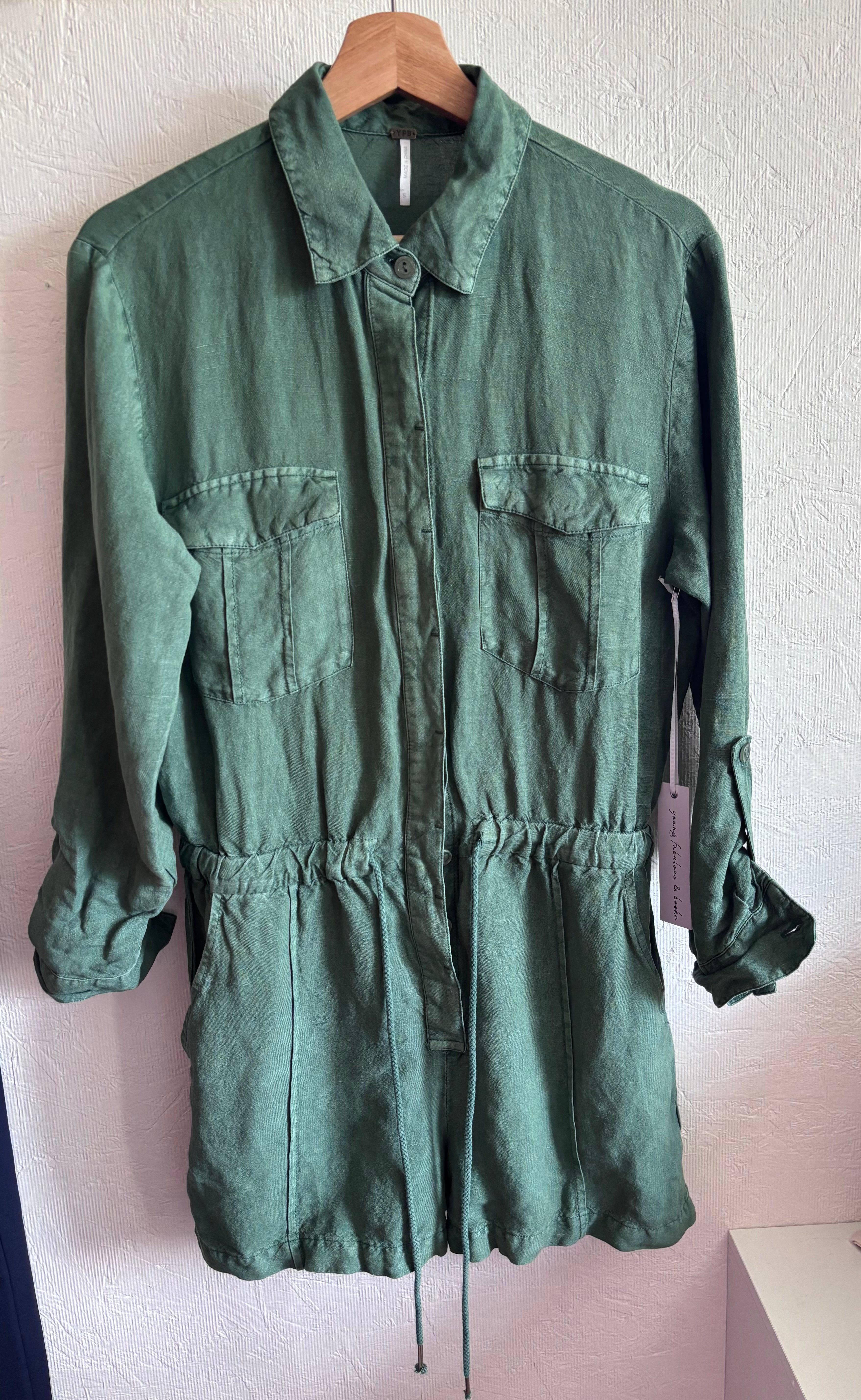 NWT YFB Young Fabulous and Broke Green Linen Blend Button Down Utility Lakeside Romper