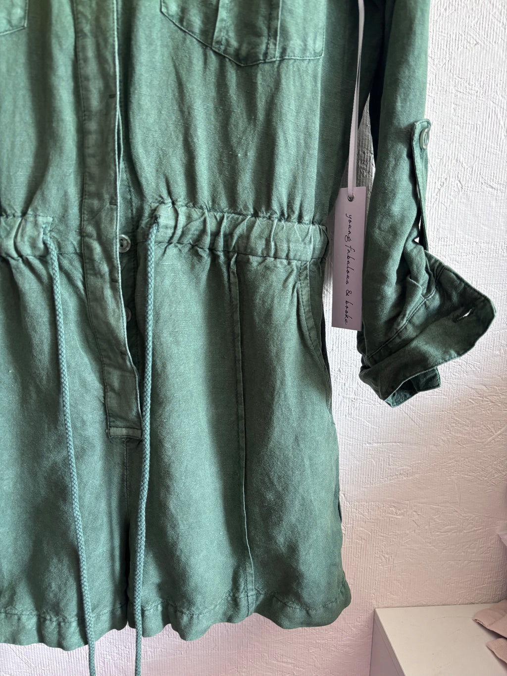 NWT YFB Young Fabulous and Broke Green Linen Blend Button Down Utility Lakeside Romper