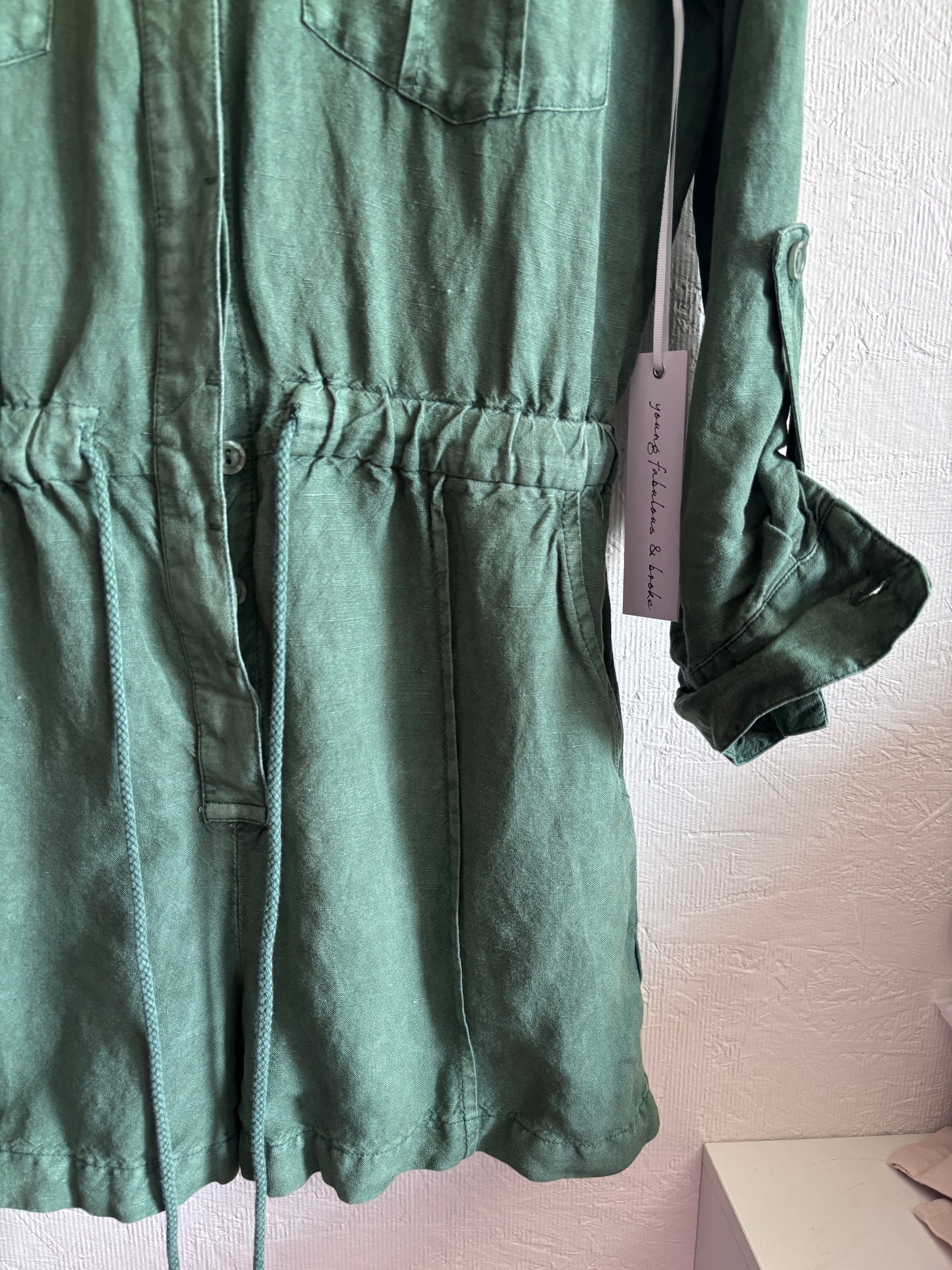 NWT YFB Young Fabulous and Broke Green Linen Blend Button Down Utility Lakeside Romper