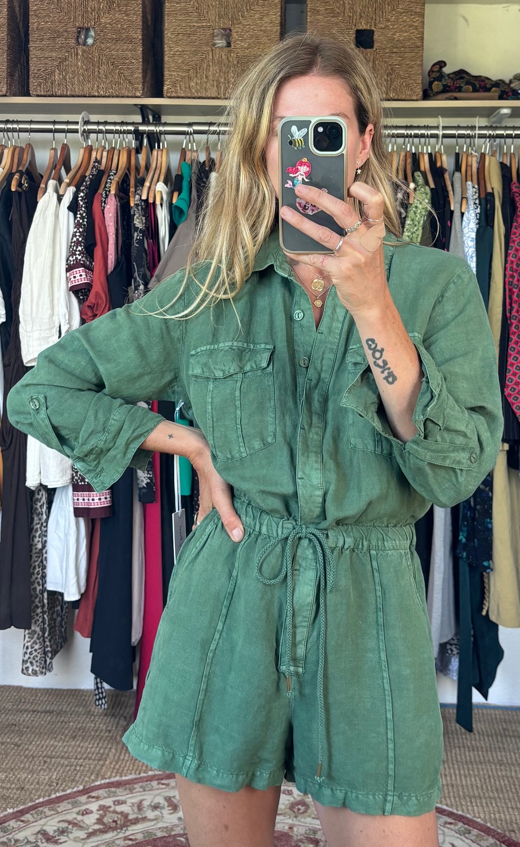 NWT YFB Young Fabulous and Broke Green Linen Blend Button Down Utility Lakeside Romper