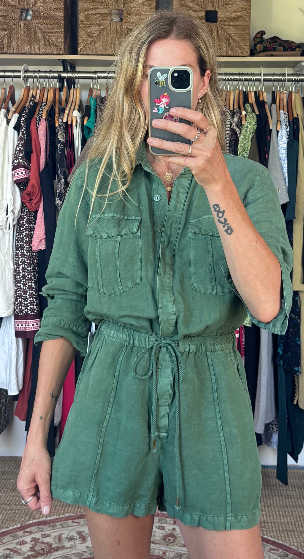 NWT YFB Young Fabulous and Broke Green Linen Blend Button Down Utility Lakeside Romper
