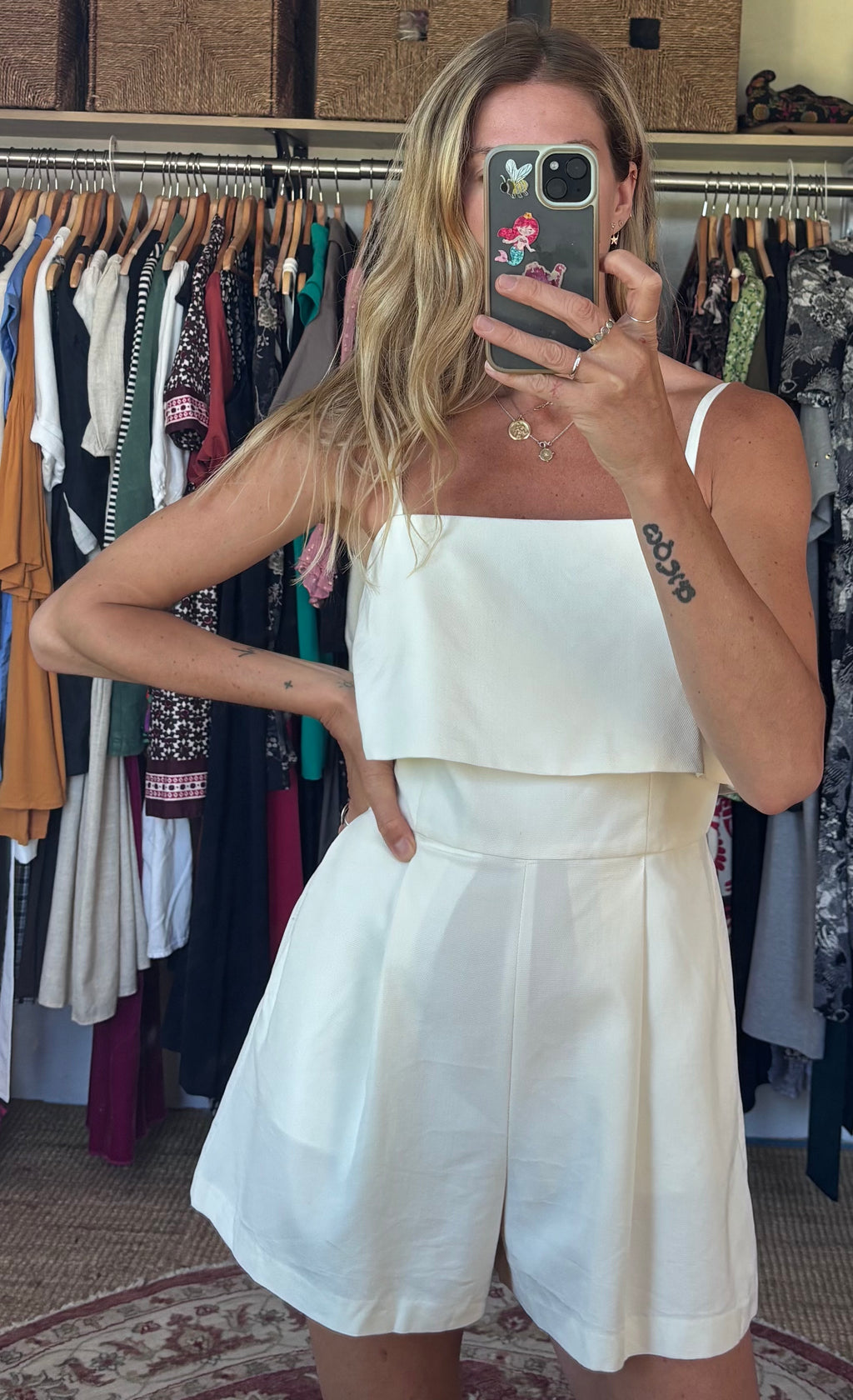 Club Monaco Crepe Textured Cream Spaghetti Strap Romper Playsuit with Pockets