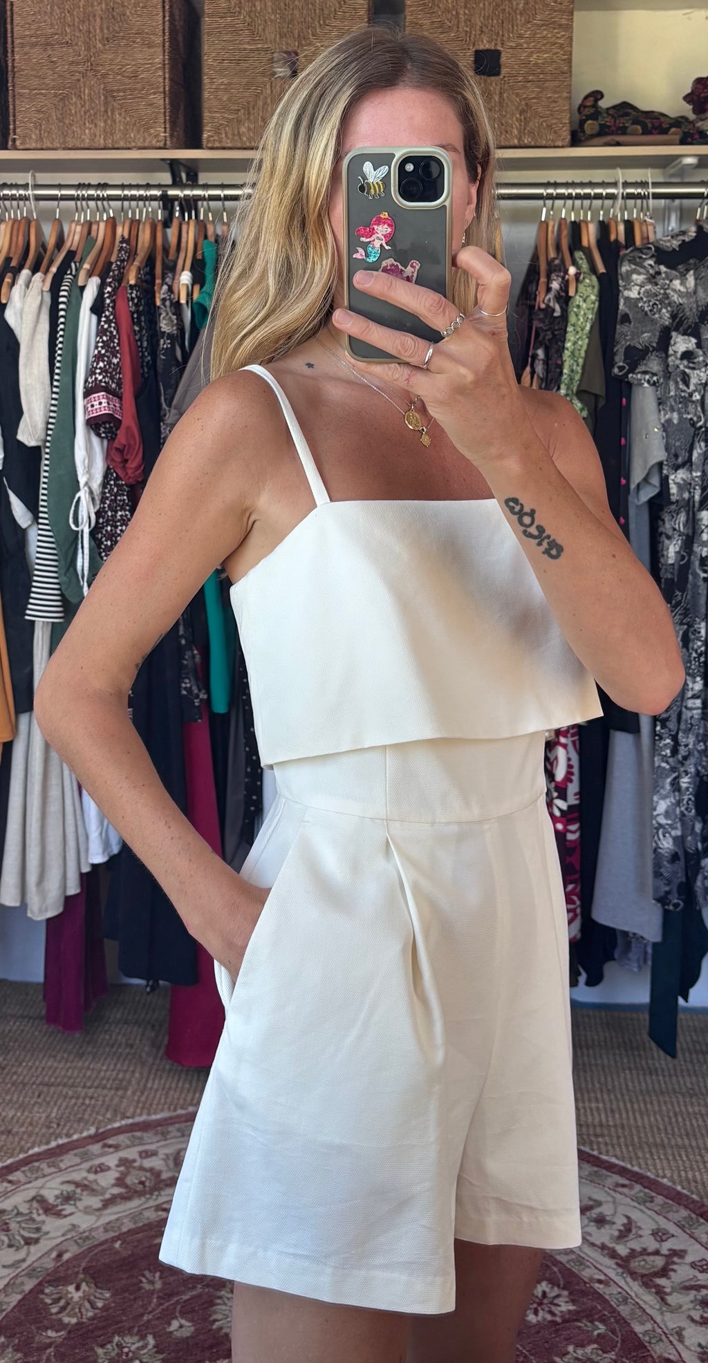 Club Monaco Crepe Textured Cream Spaghetti Strap Romper Playsuit with Pockets