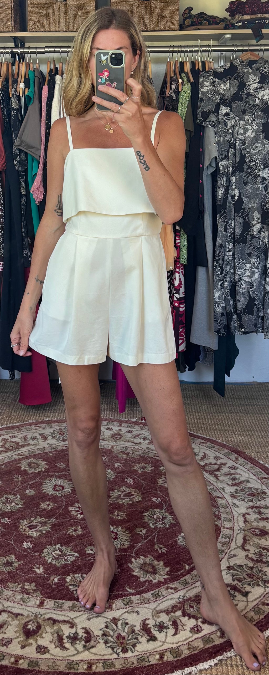 Club Monaco Crepe Textured Cream Spaghetti Strap Romper Playsuit with Pockets