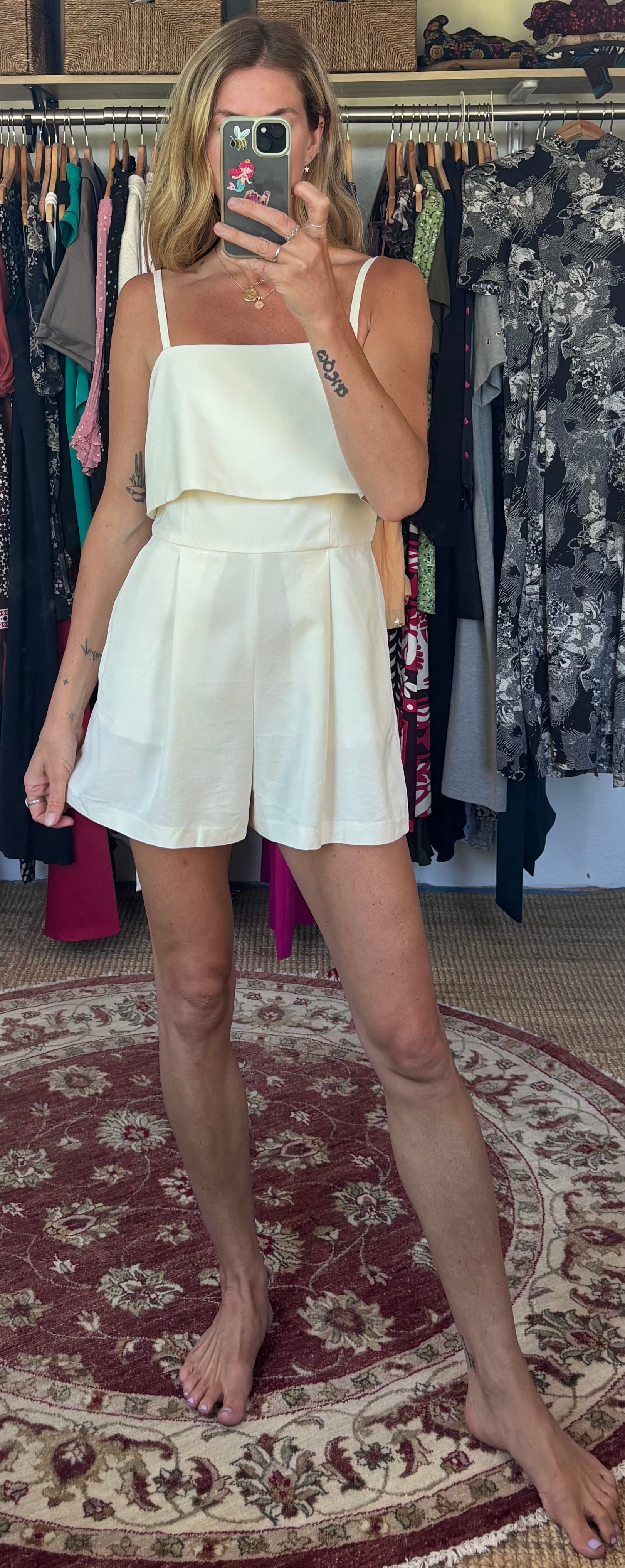Club Monaco Crepe Textured Cream Spaghetti Strap Romper Playsuit with Pockets