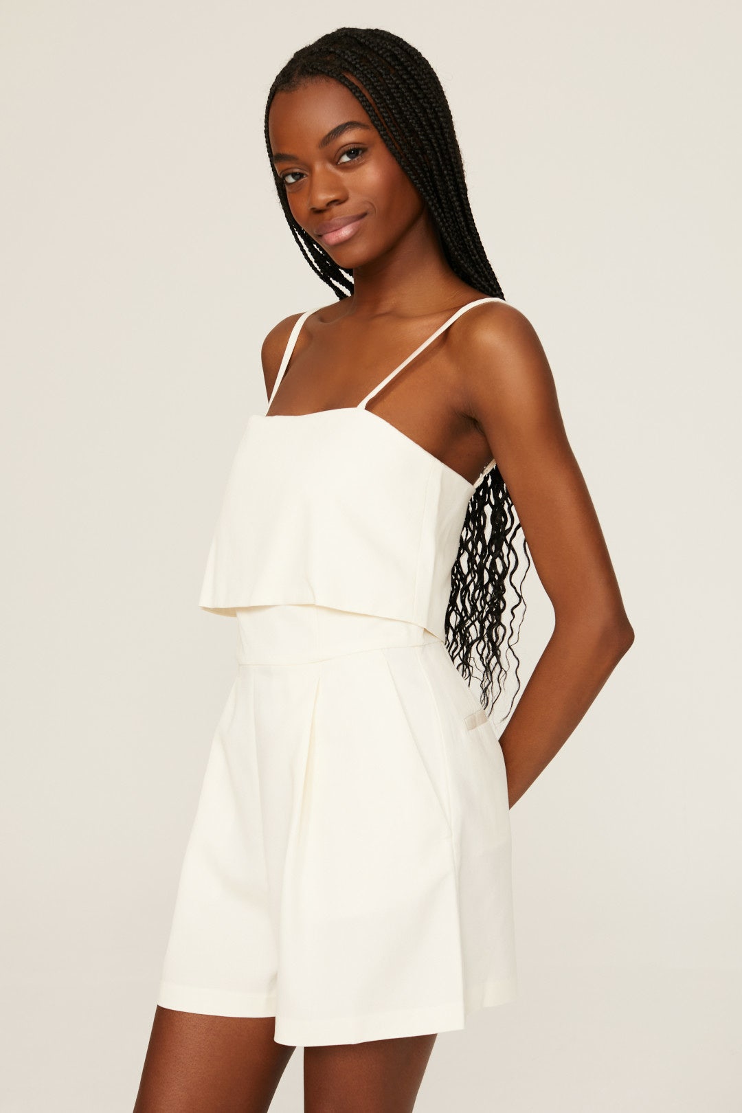 Club Monaco Crepe Textured Cream Spaghetti Strap Romper Playsuit with Pockets