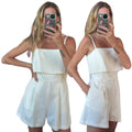 Club Monaco Crepe Textured Cream Spaghetti Strap Romper Playsuit with Pockets