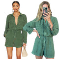 NWT YFB Young Fabulous and Broke Green Linen Blend Button Down Utility Lakeside Romper