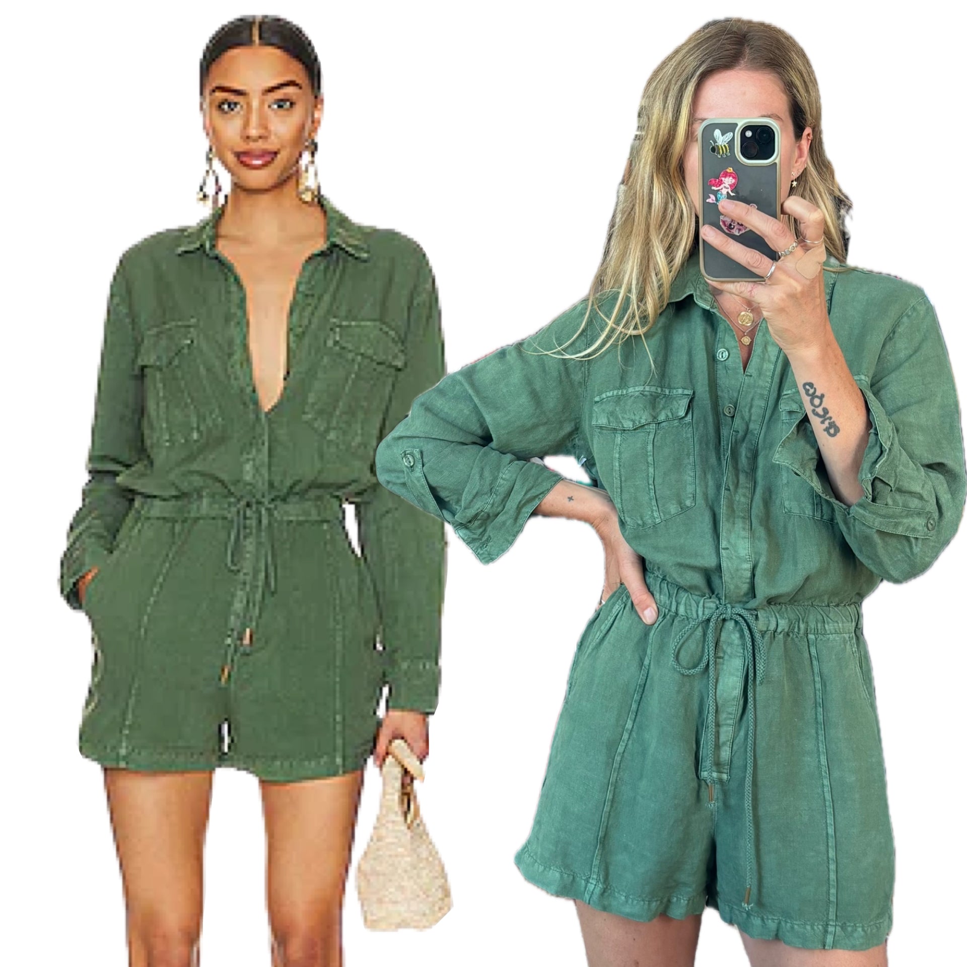 NWT YFB Young Fabulous and Broke Green Linen Blend Button Down Utility Lakeside Romper
