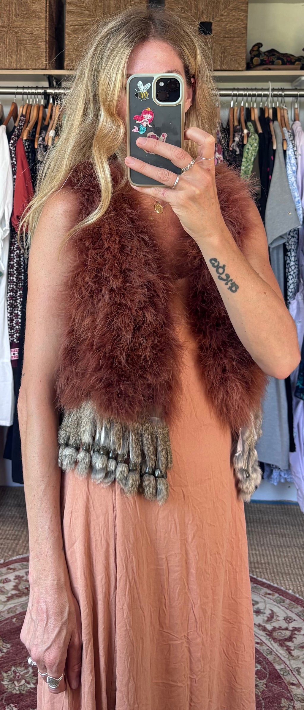 Vintage Banner Barrett Dusty Brown Pink Ostrich Feather Rabbit Fur Beaded Tassel Festival Boho Gilet Vest
