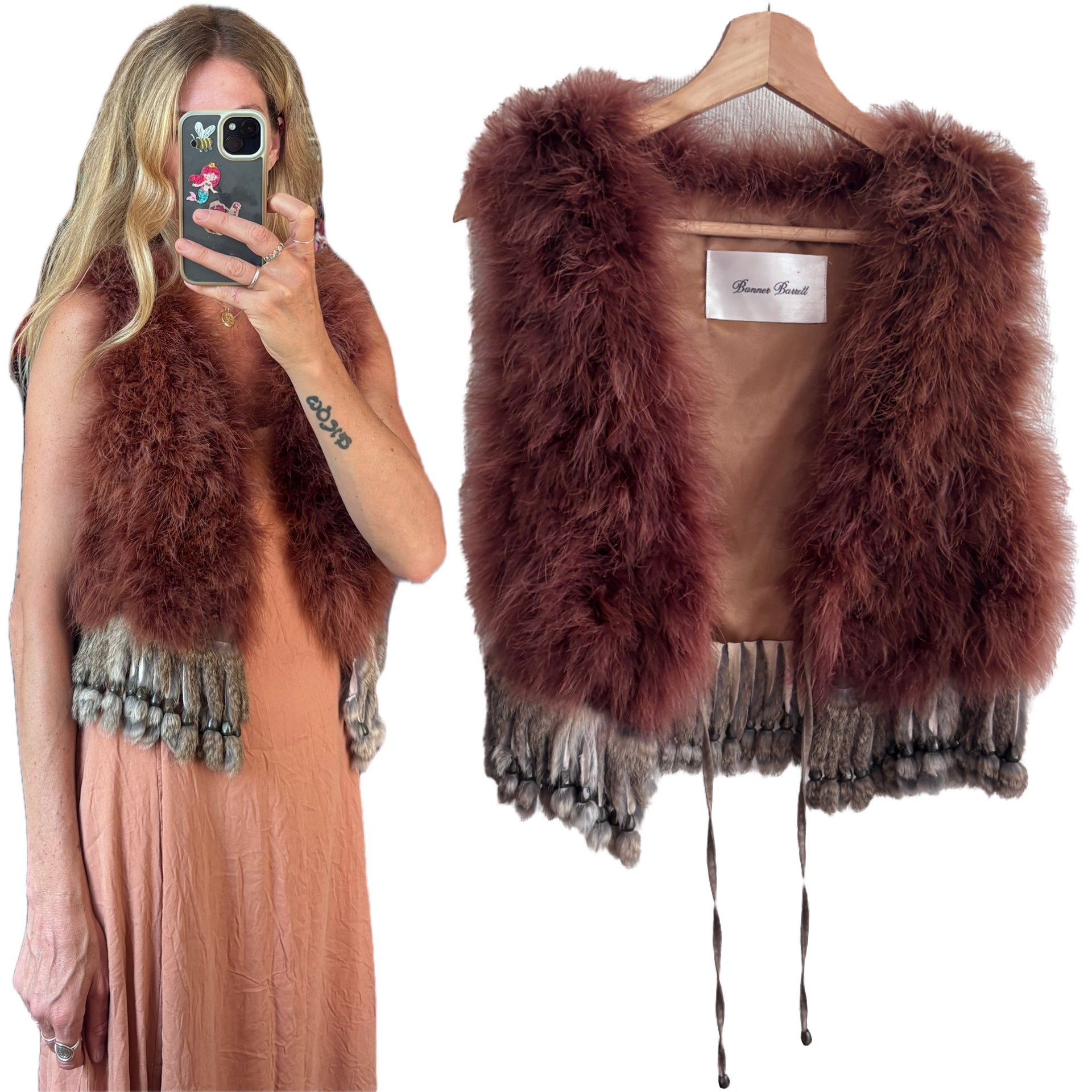 Vintage Banner Barrett Dusty Brown Pink Ostrich Feather Rabbit Fur Beaded Tassel Festival Boho Gilet Vest