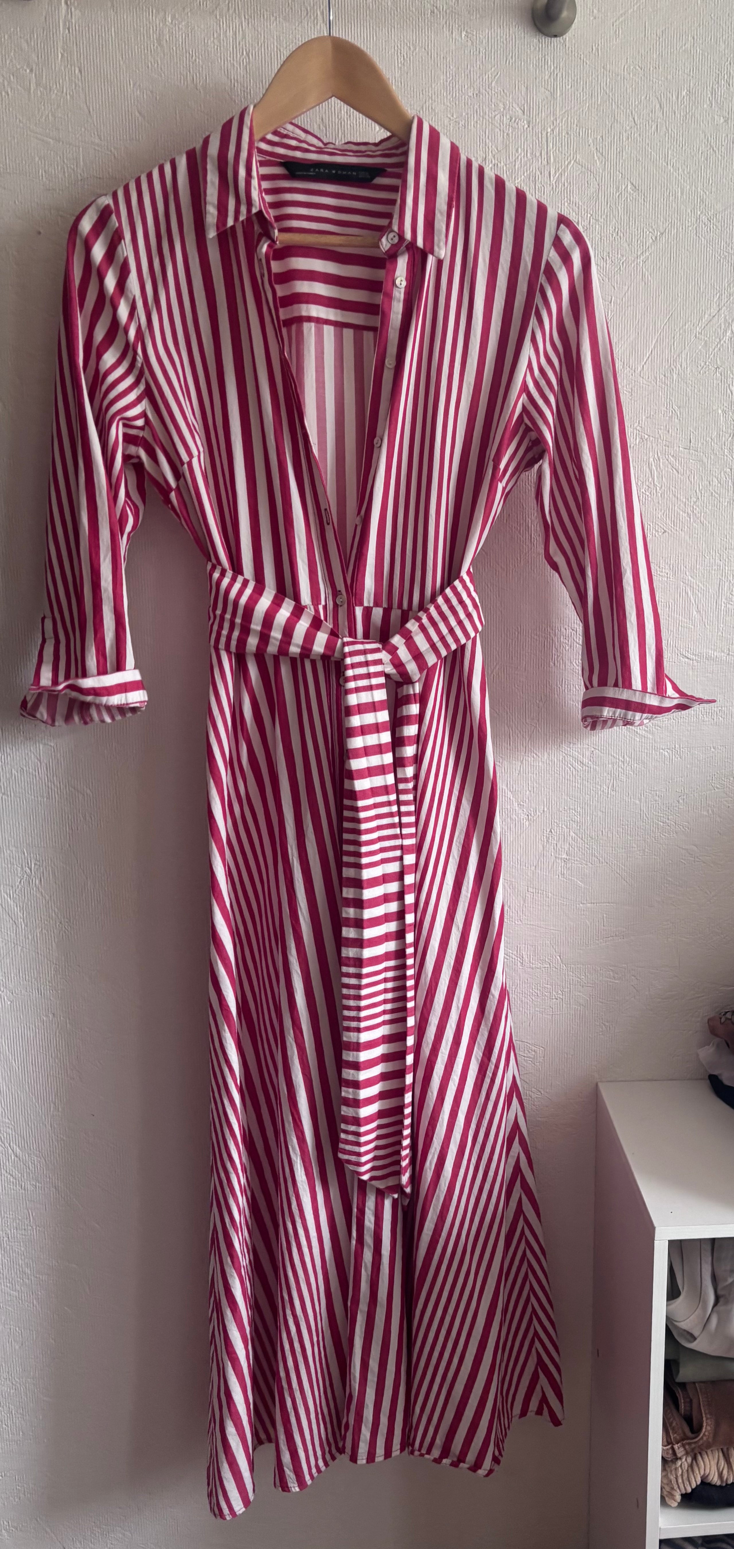 Zara 100% Cotton Red White Stripe Midi Maxi Button Down Collared Shirt Dress