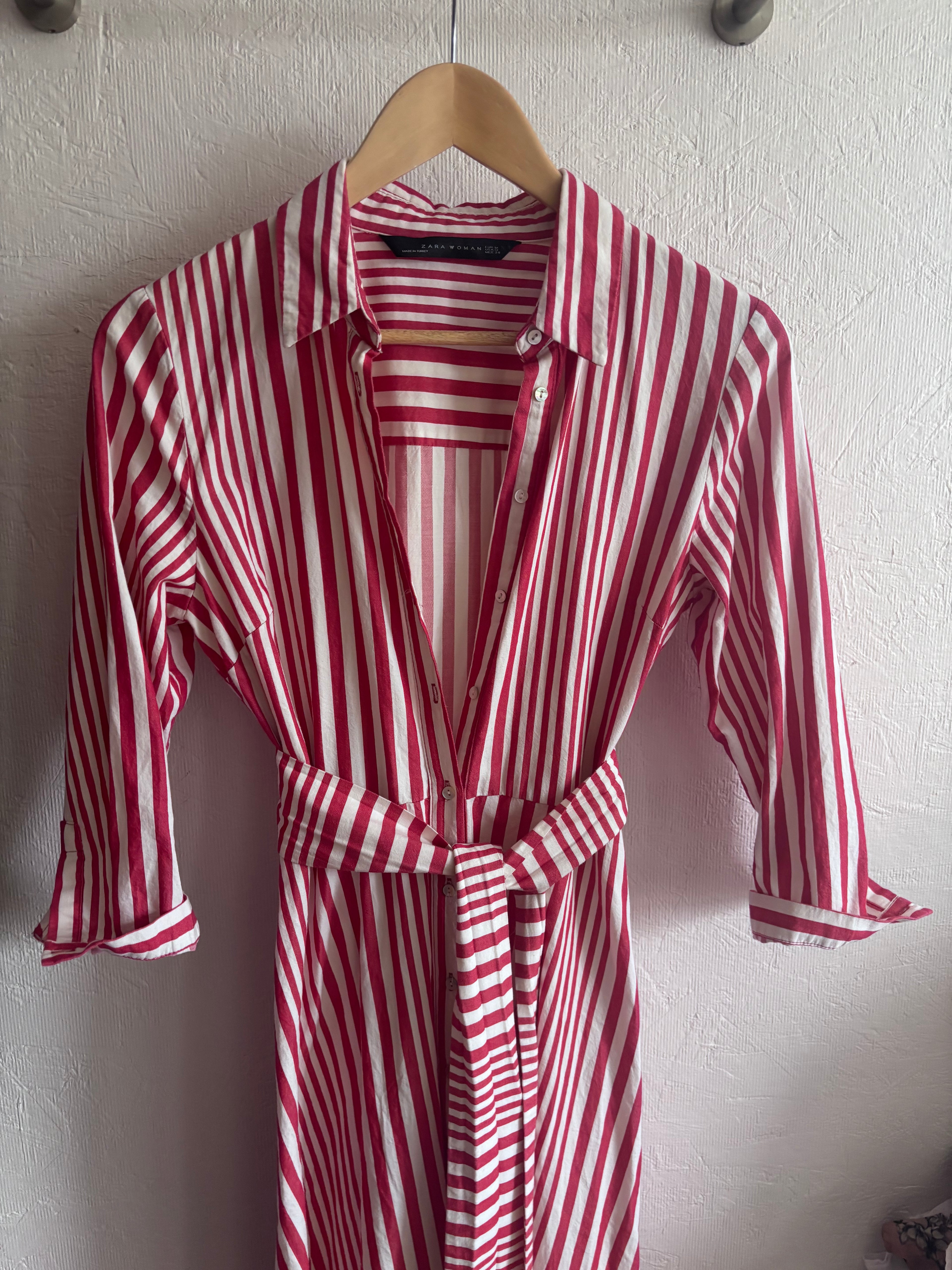 Zara 100% Cotton Red White Stripe Midi Maxi Button Down Collared Shirt Dress