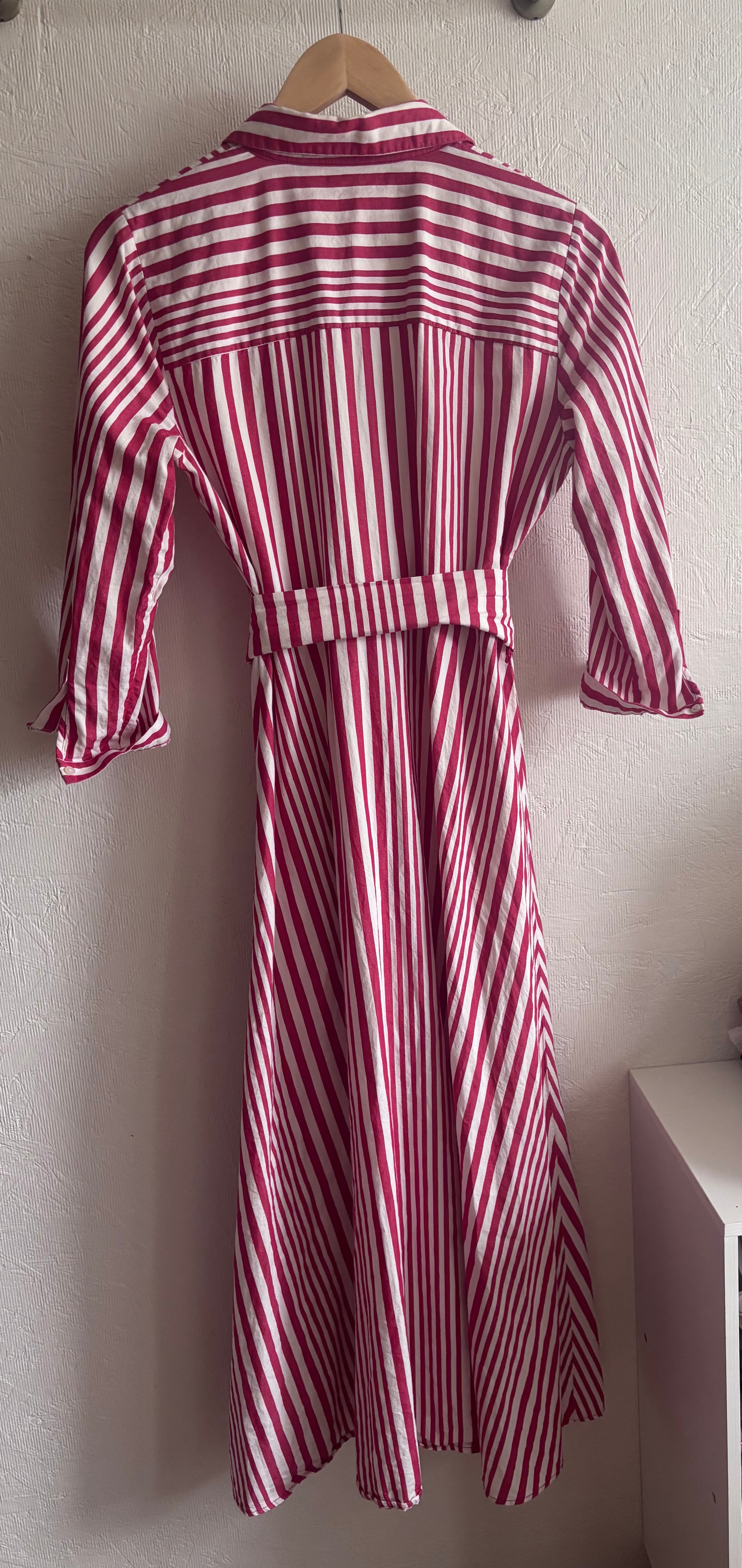 Zara 100% Cotton Red White Stripe Midi Maxi Button Down Collared Shirt Dress