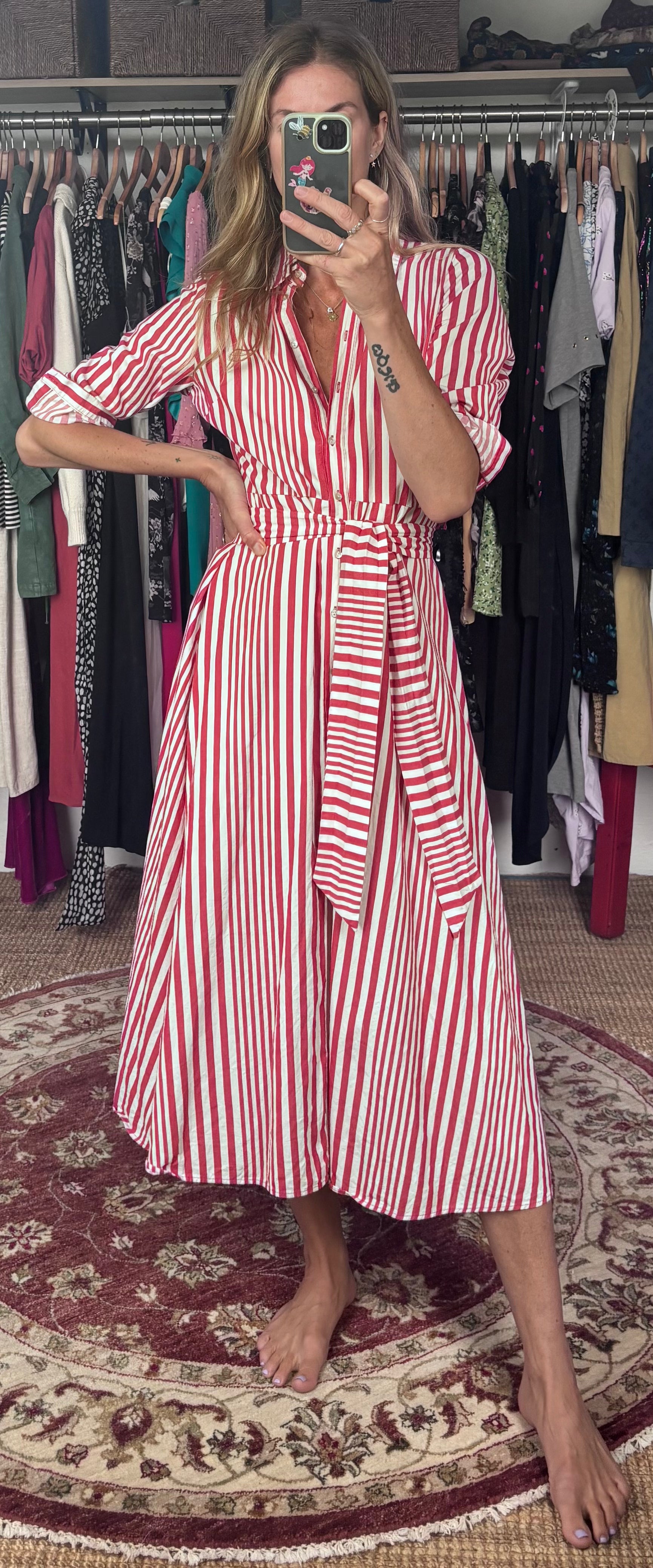 Zara 100% Cotton Red White Stripe Midi Maxi Button Down Collared Shirt Dress