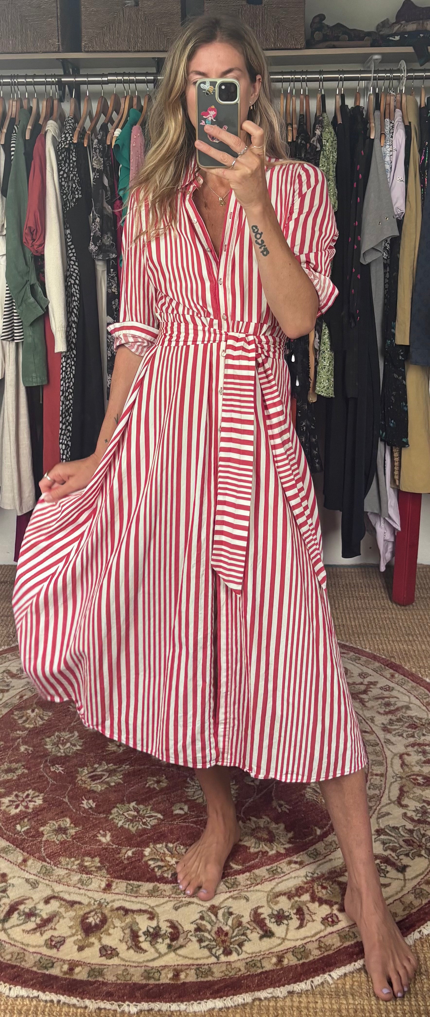 Zara 100% Cotton Red White Stripe Midi Maxi Button Down Collared Shirt Dress
