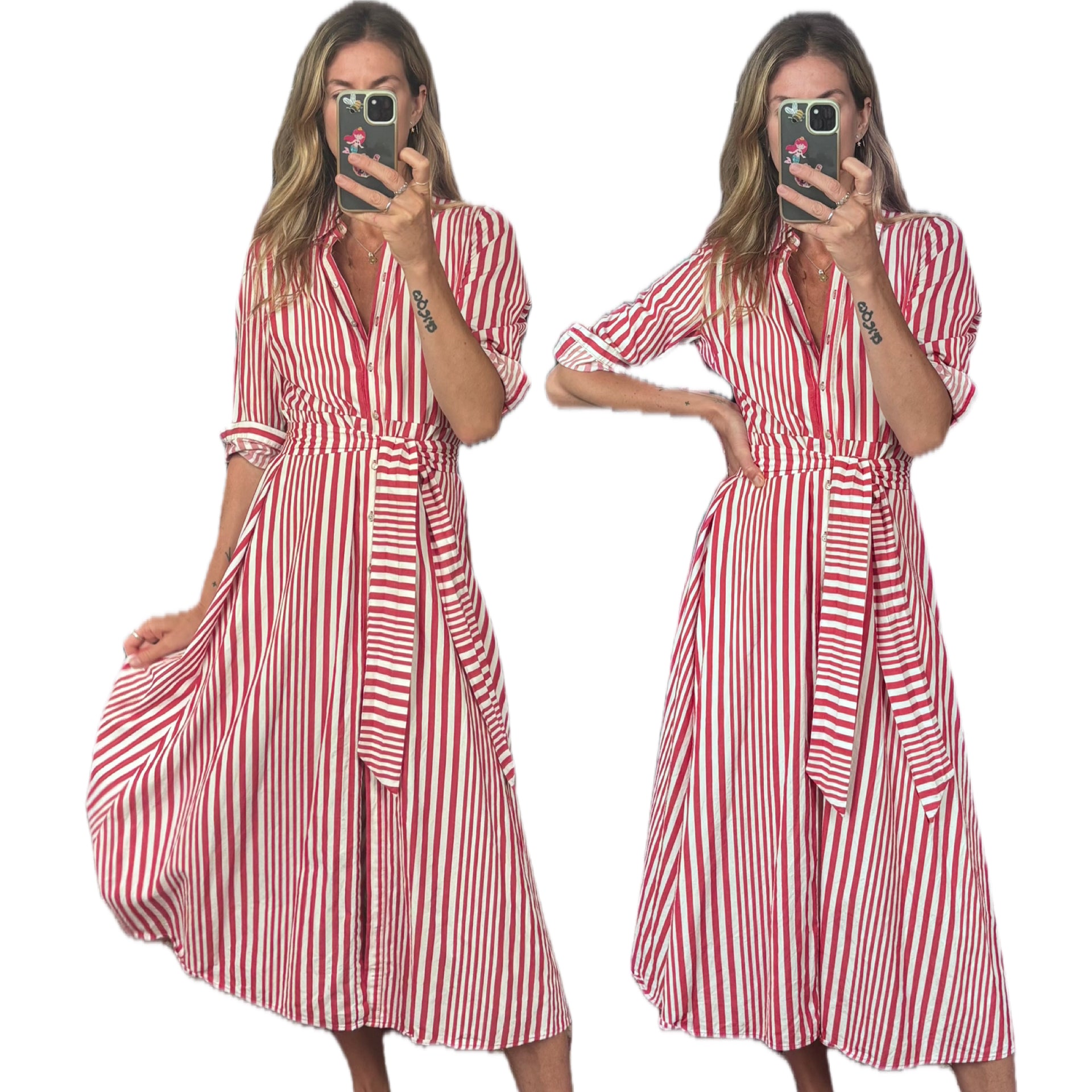 Zara 100% Cotton Red White Stripe Midi Maxi Button Down Collared Shirt Dress