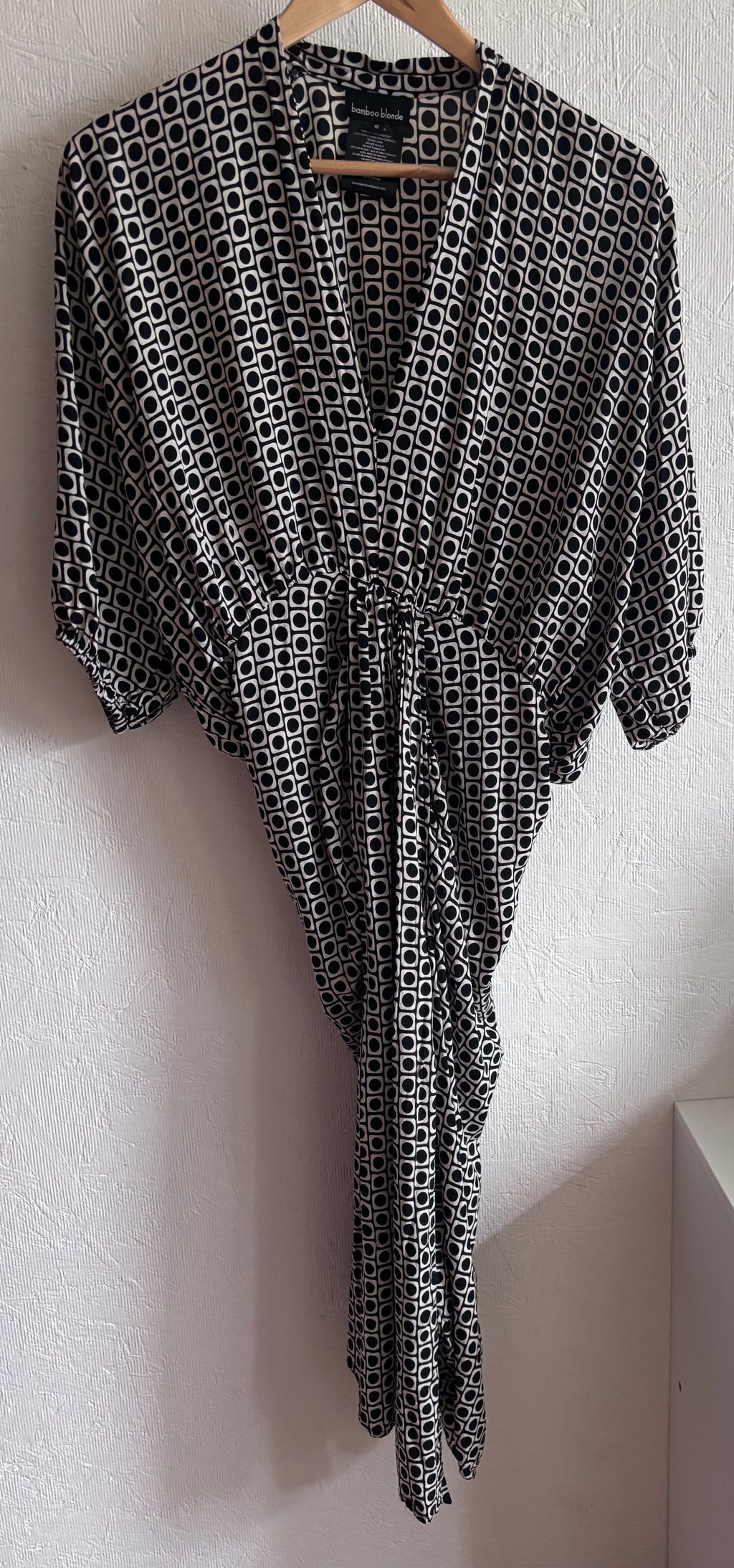 Bamboo Blonde Geo Print Ruched Slit V Neck Puff Sleeve Relaxed Fit Midi Dress