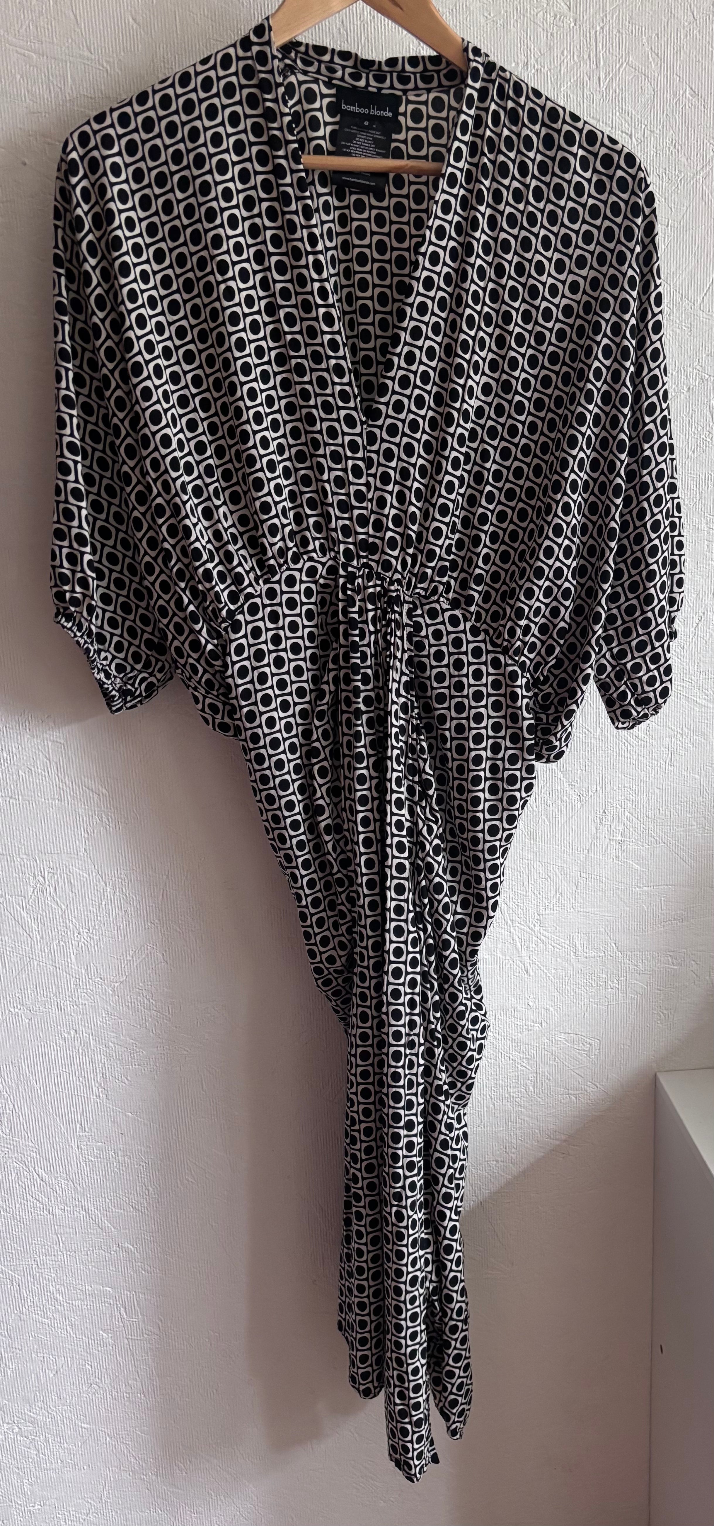 Bamboo Blonde Geo Print Ruched Slit V Neck Puff Sleeve Relaxed Fit Midi Dress