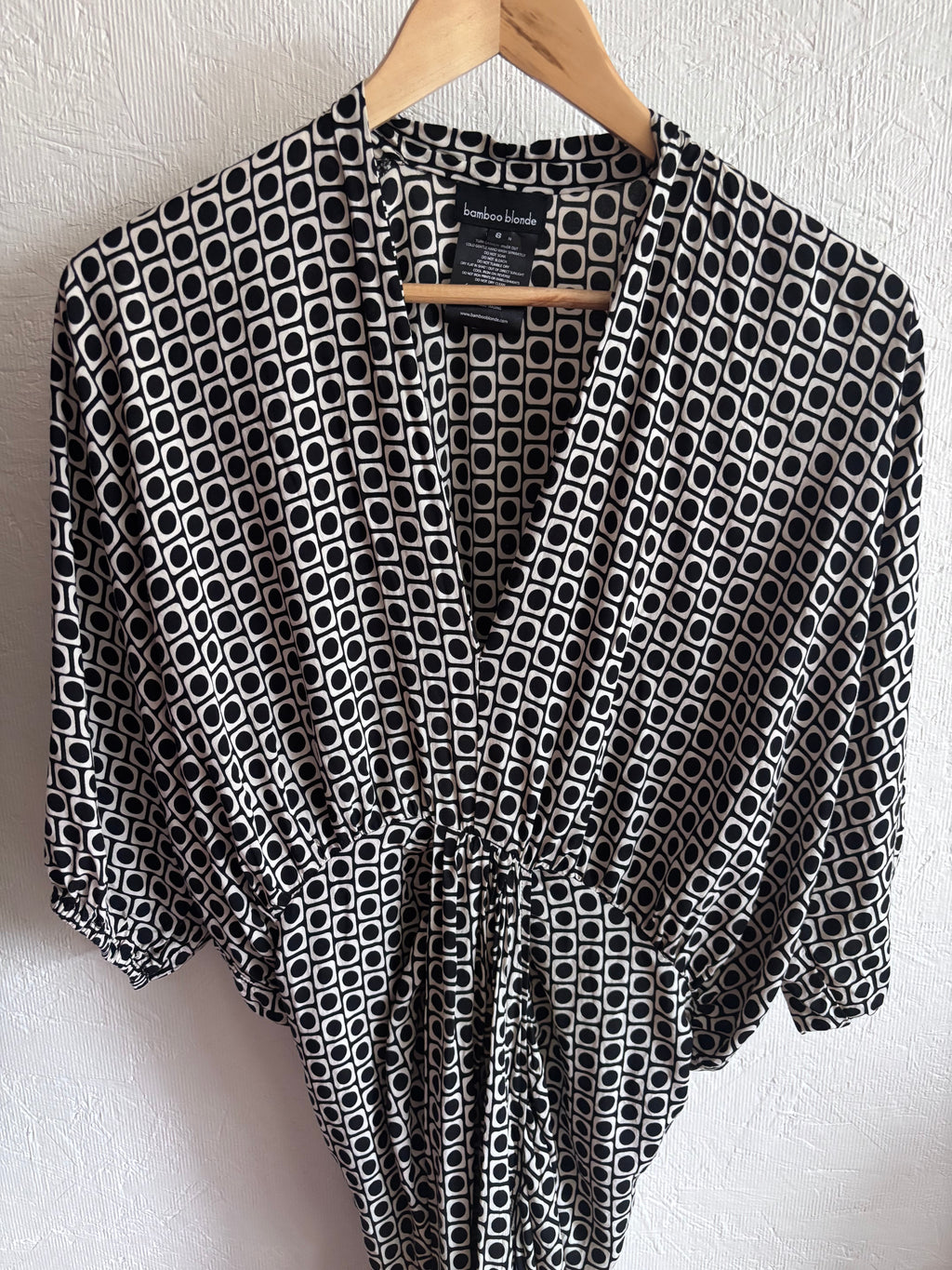 Bamboo Blonde Geo Print Ruched Slit V Neck Puff Sleeve Relaxed Fit Midi Dress