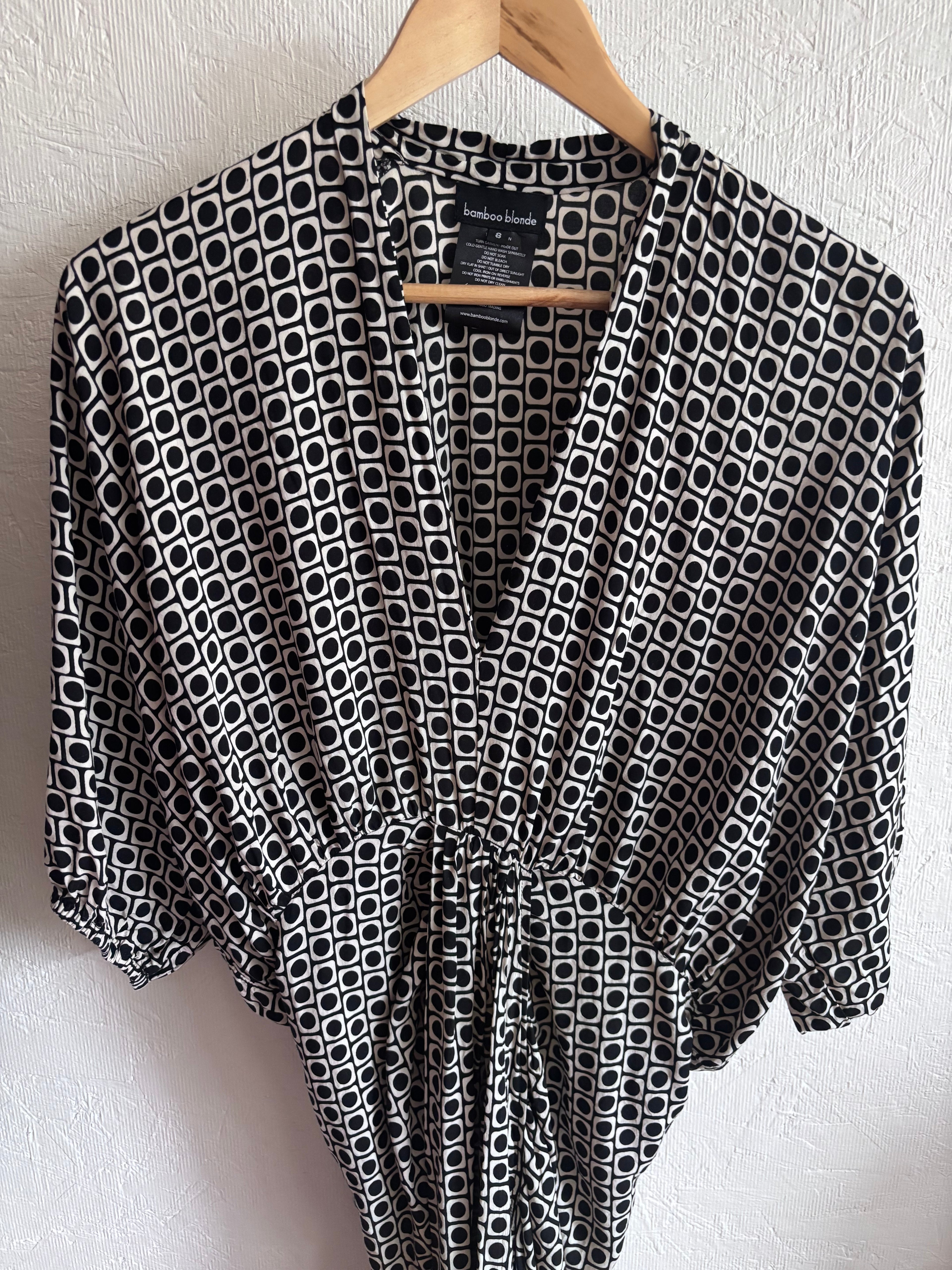 Bamboo Blonde Geo Print Ruched Slit V Neck Puff Sleeve Relaxed Fit Midi Dress