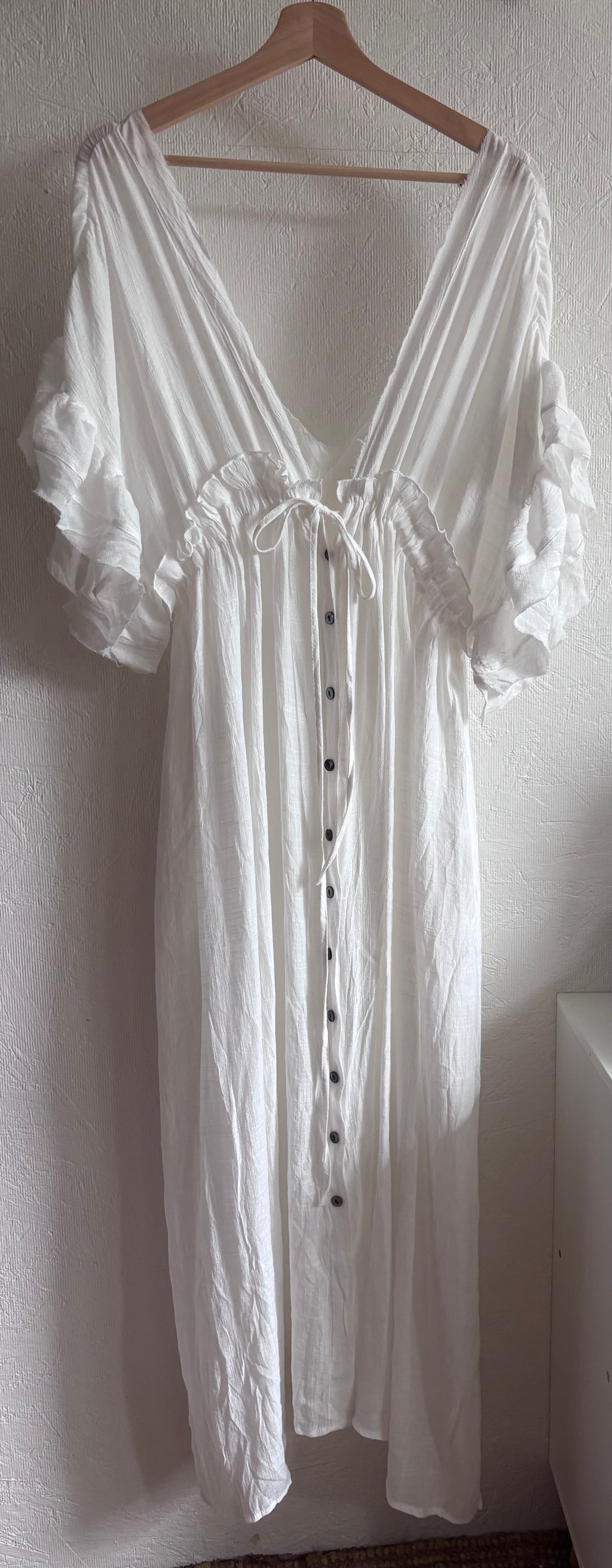No tag White Semi Sheer Maxi Boho Coverup Button Down Ruffle Dress Adjustable Drawstring