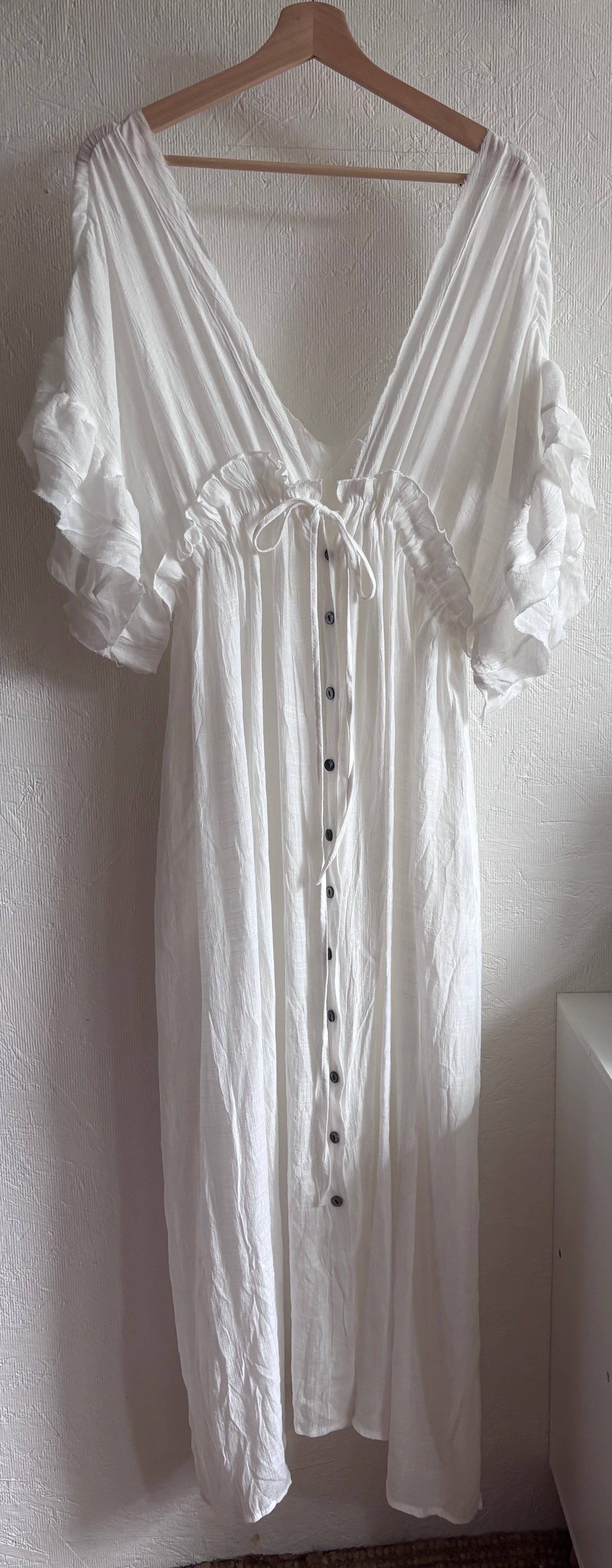 No tag White Semi Sheer Maxi Boho Coverup Button Down Ruffle Dress Adjustable Drawstring