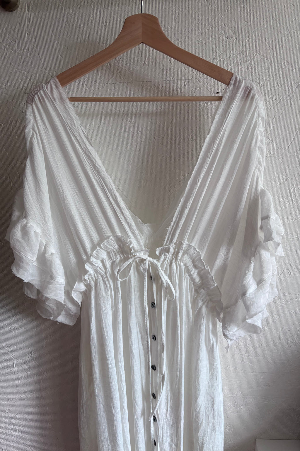 No tag White Semi Sheer Maxi Boho Coverup Button Down Ruffle Dress Adjustable Drawstring