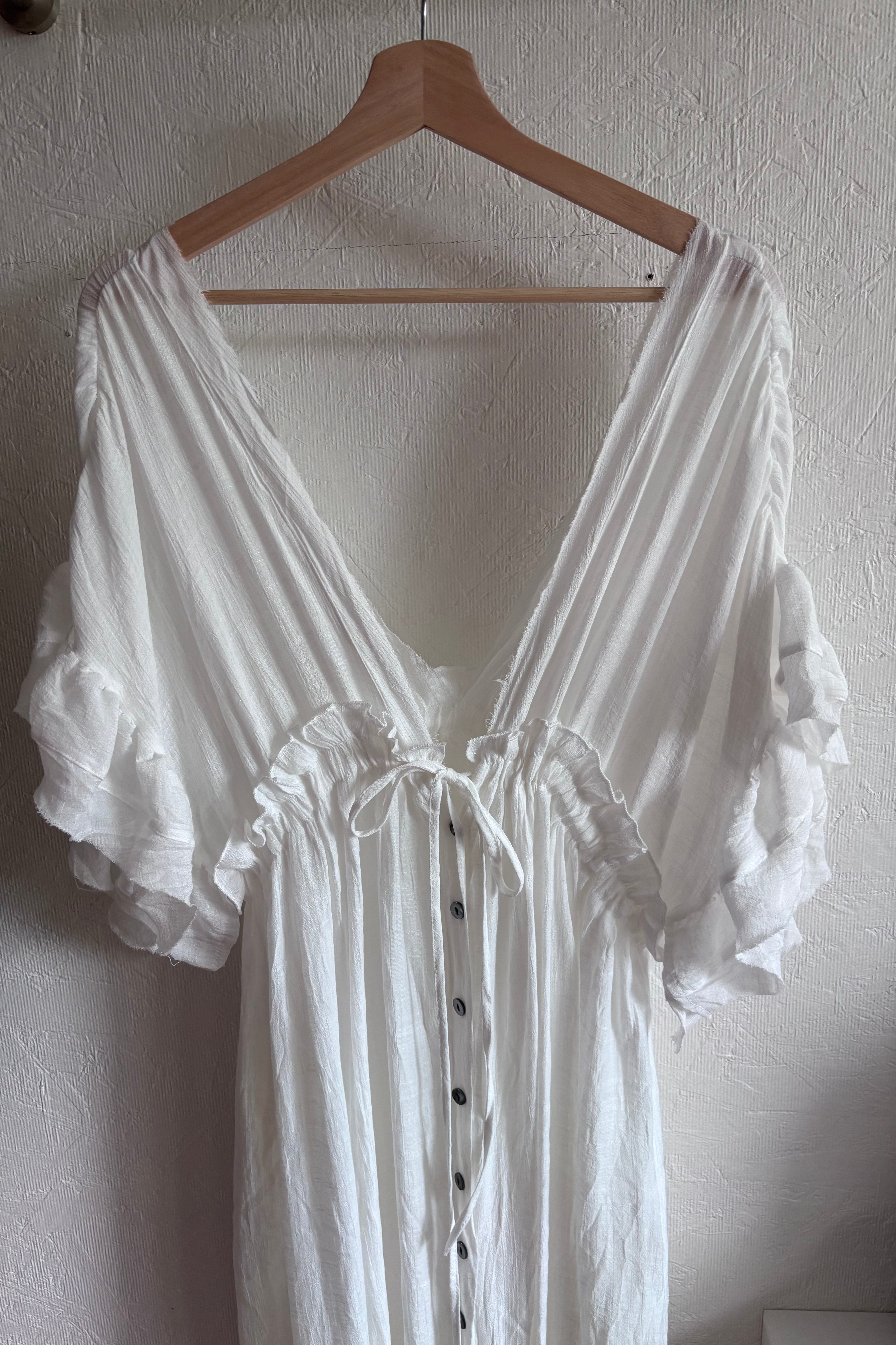 No tag White Semi Sheer Maxi Boho Coverup Button Down Ruffle Dress Adjustable Drawstring