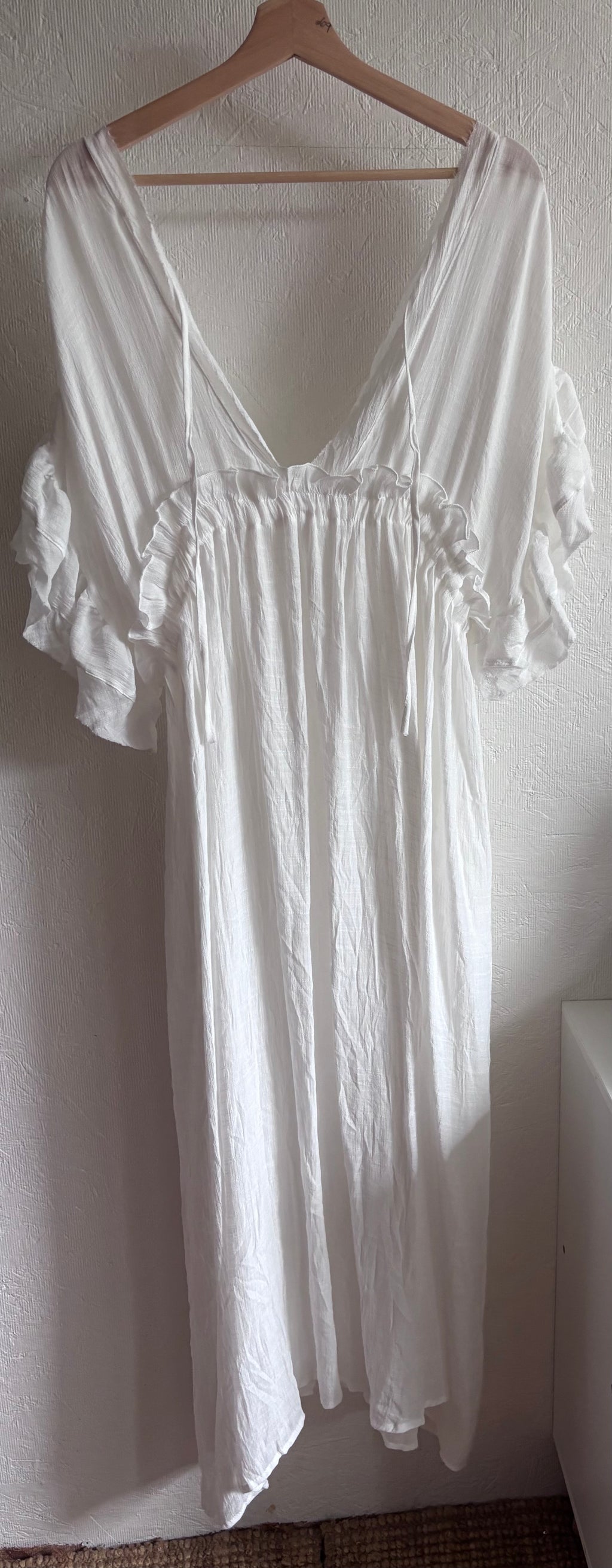 No tag White Semi Sheer Maxi Boho Coverup Button Down Ruffle Dress Adjustable Drawstring
