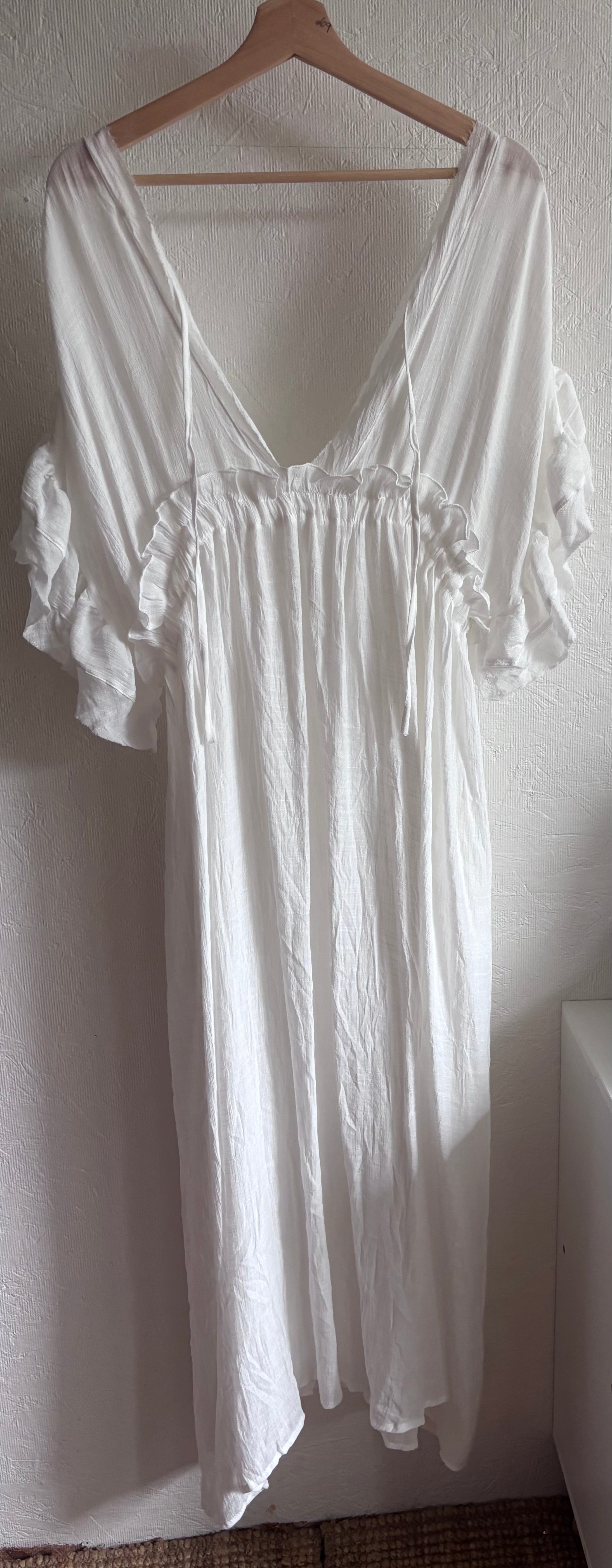 No tag White Semi Sheer Maxi Boho Coverup Button Down Ruffle Dress Adjustable Drawstring