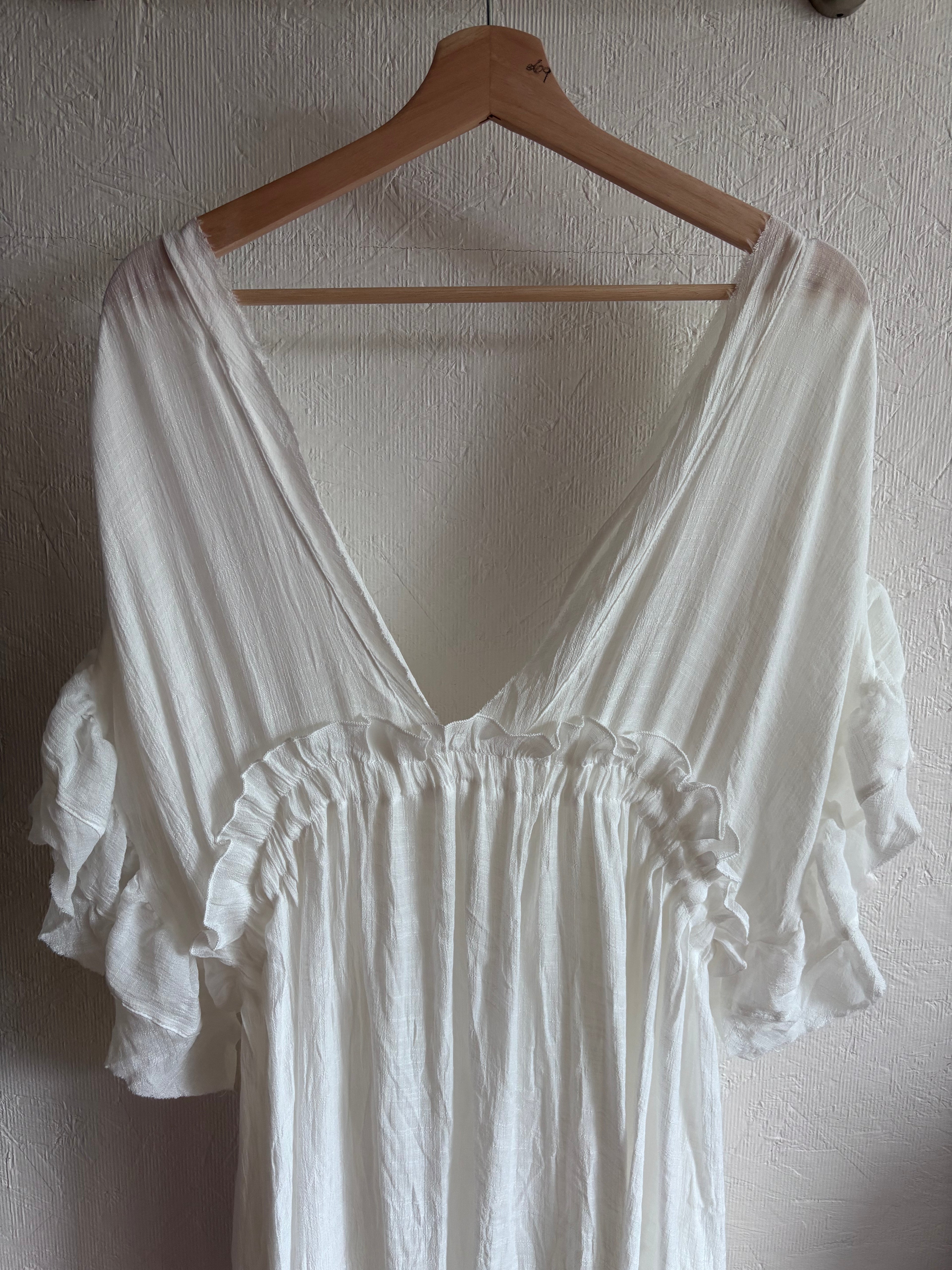 No tag White Semi Sheer Maxi Boho Coverup Button Down Ruffle Dress Adjustable Drawstring