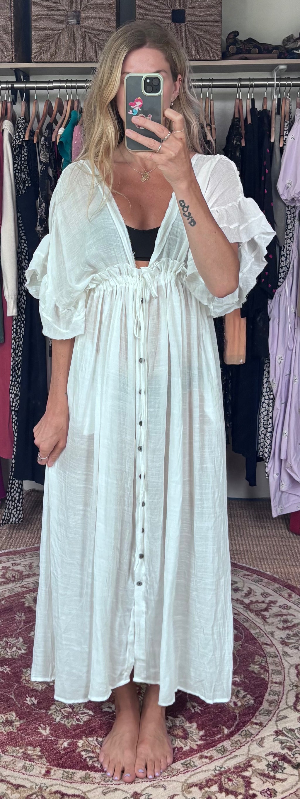 No tag White Semi Sheer Maxi Boho Coverup Button Down Ruffle Dress Adjustable Drawstring