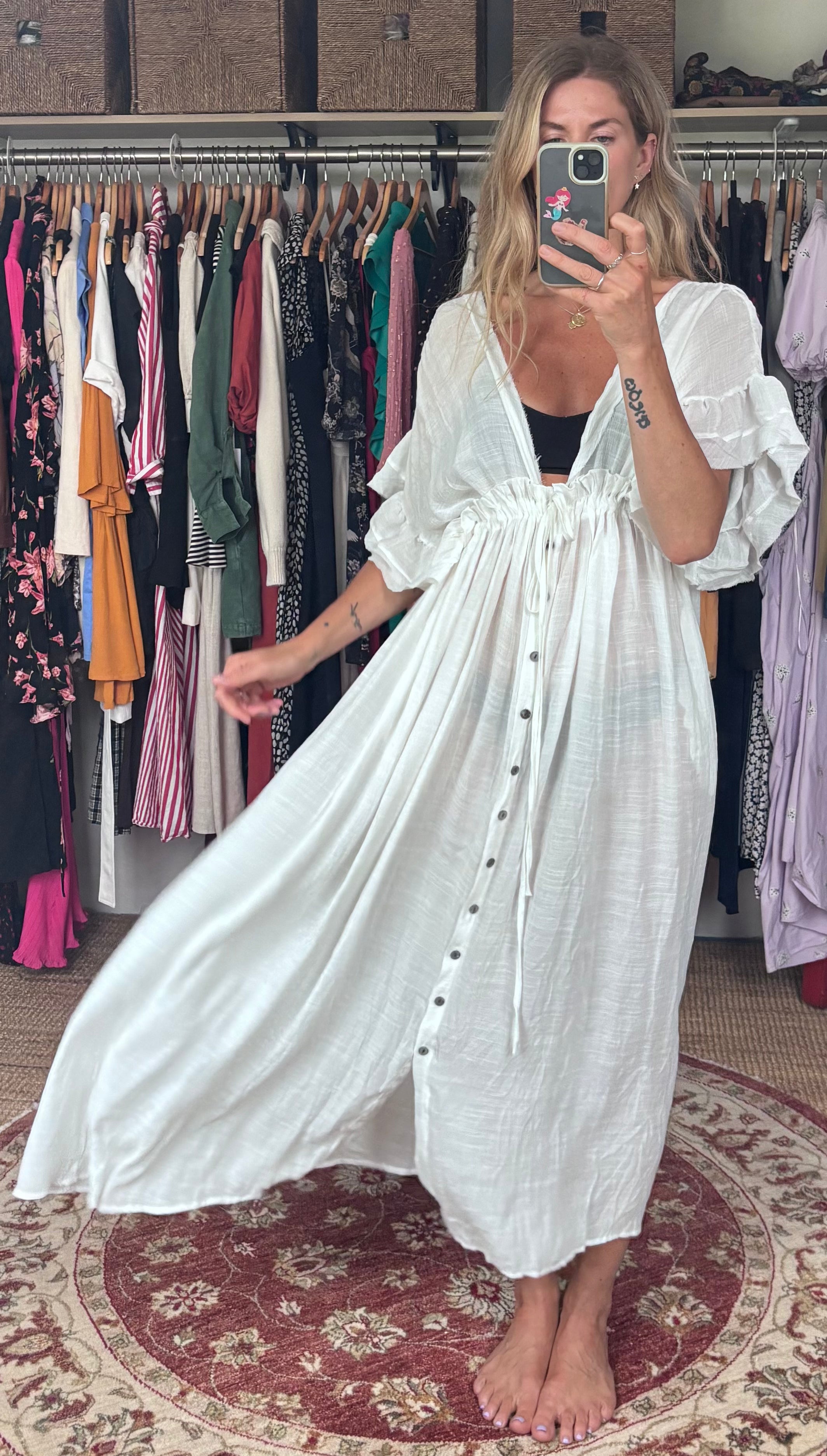 No tag White Semi Sheer Maxi Boho Coverup Button Down Ruffle Dress Adjustable Drawstring