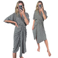 Bamboo Blonde Geo Print Ruched Slit V Neck Puff Sleeve Relaxed Fit Midi Dress