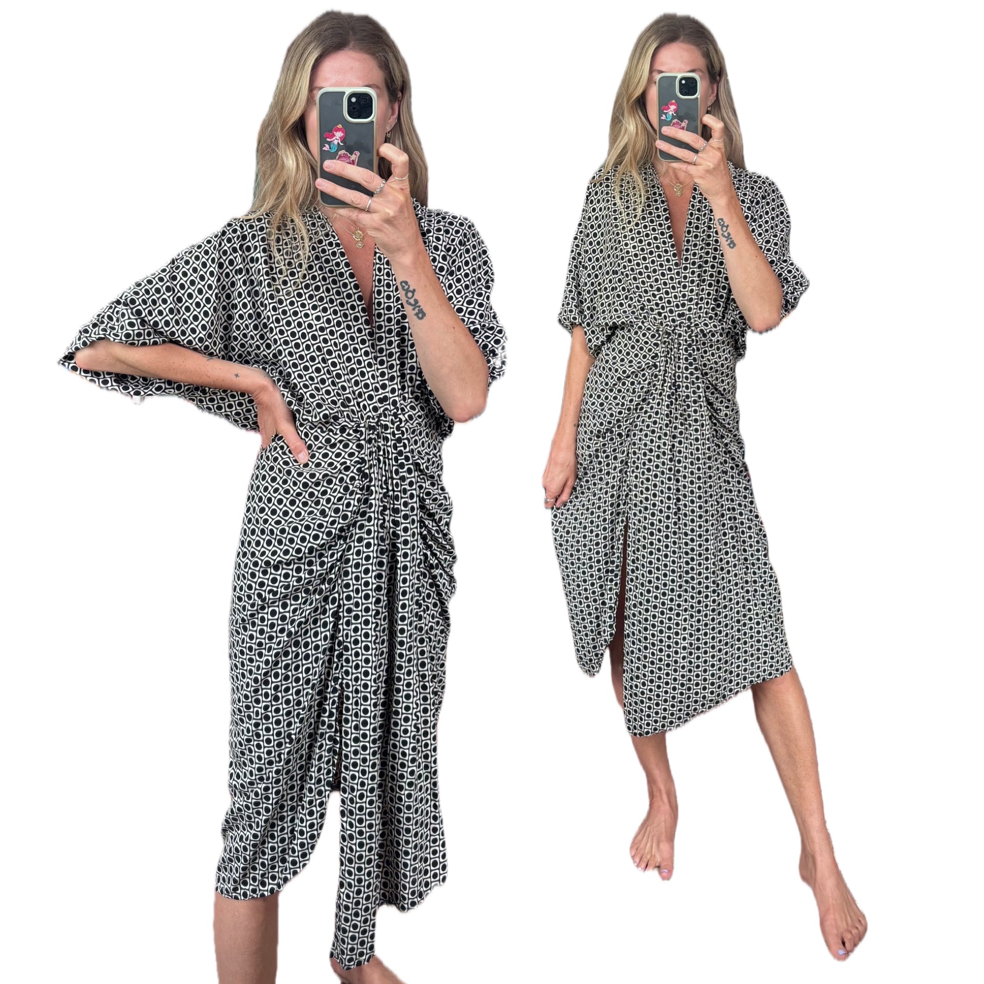 Bamboo Blonde Geo Print Ruched Slit V Neck Puff Sleeve Relaxed Fit Midi Dress