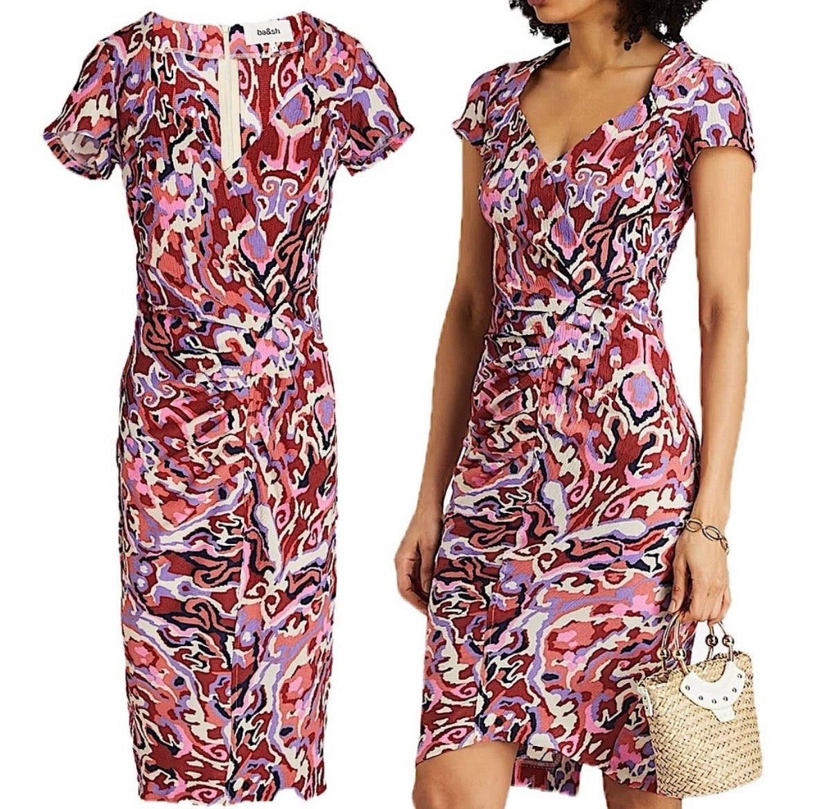 ba&amp;sh Pleated Midi Multicolour Printed Textured Crepe Crinkle Short Sleeve Dress