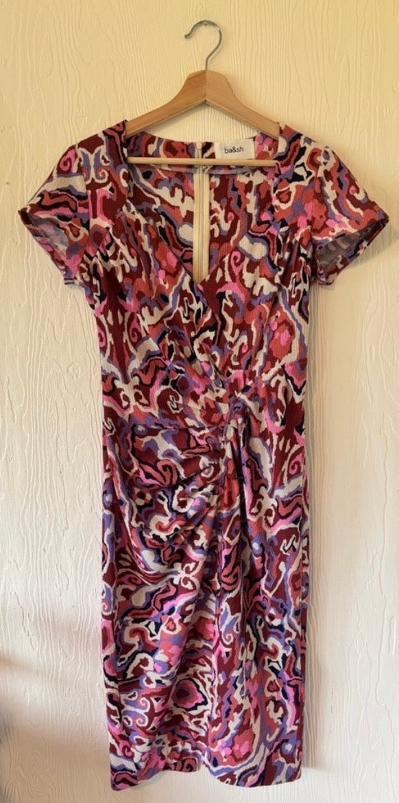 ba&amp;sh Pleated Midi Multicolour Printed Textured Crepe Crinkle Short Sleeve Dress