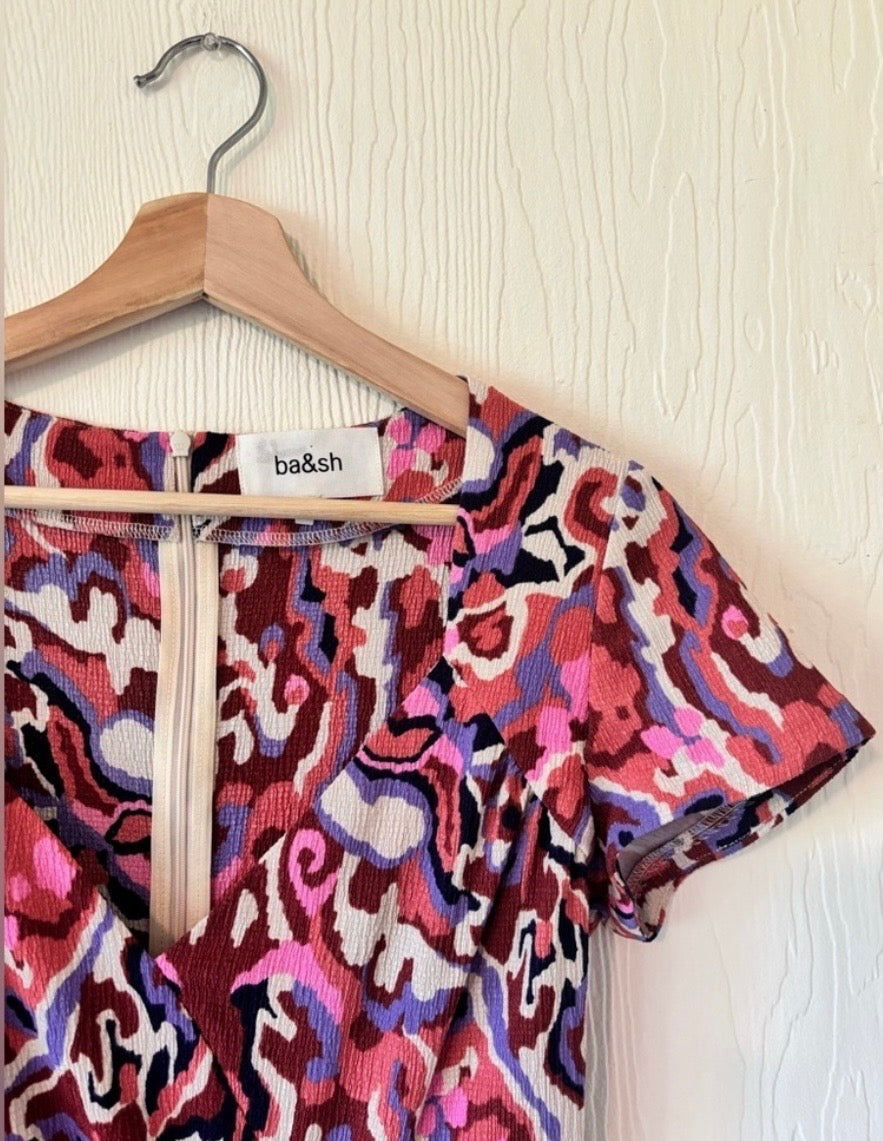 ba&amp;sh Pleated Midi Multicolour Printed Textured Crepe Crinkle Short Sleeve Dress